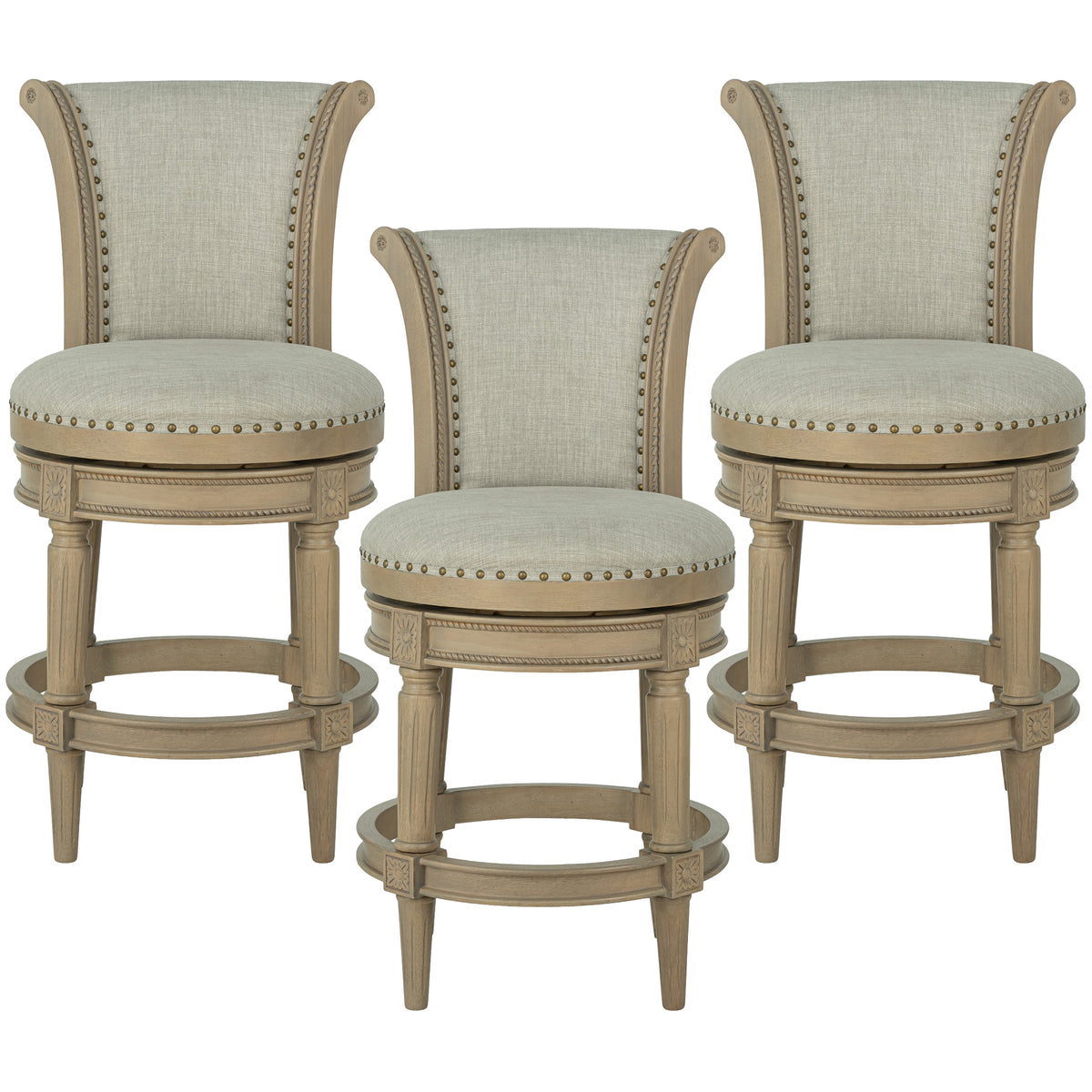 ROME + OAK Runyan 26" Swivel Counter Stool, Reclaimed Oak, Grey Fabric, Set of 3 - VMInnovations