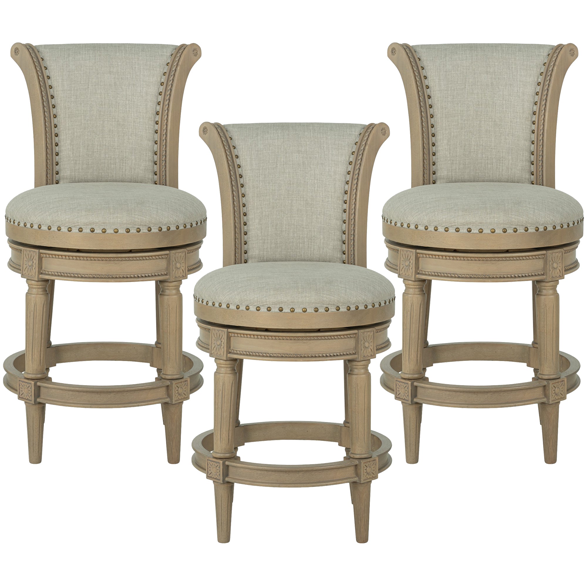 ROME + OAK Runyan 26" Swivel Counter Stool, Reclaimed Oak, Grey Fabric, Set of 3 - VMInnovations