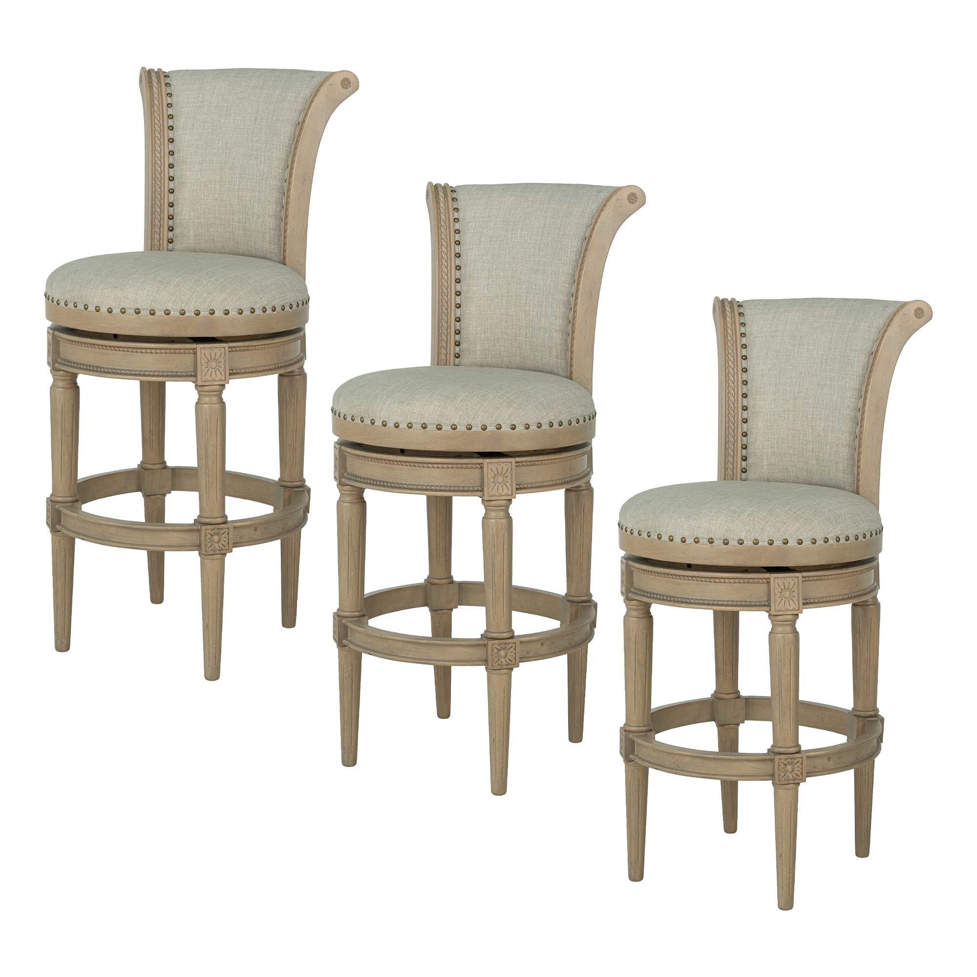 ROME + OAK Runyan 31" Swivel Bar Stool, Reclaimed Oak, Ash Grey Fabric, Set of 3