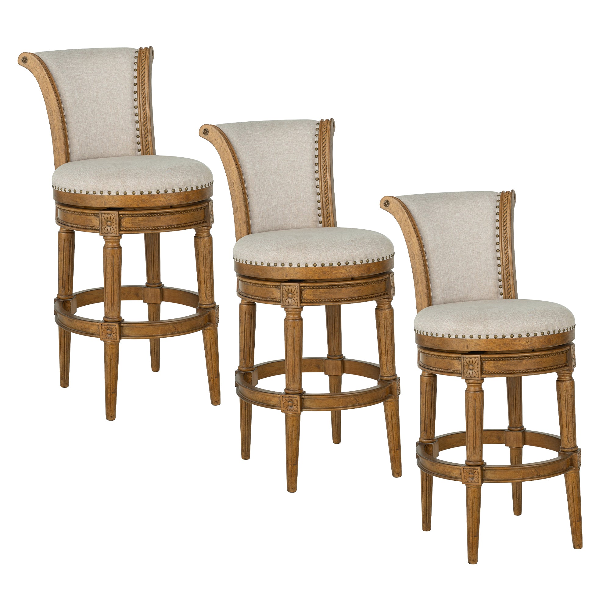 ROME + OAK Runyan 31" Swivel Bar Stool, Weathered Oak with Sand Fabric, Set of 3