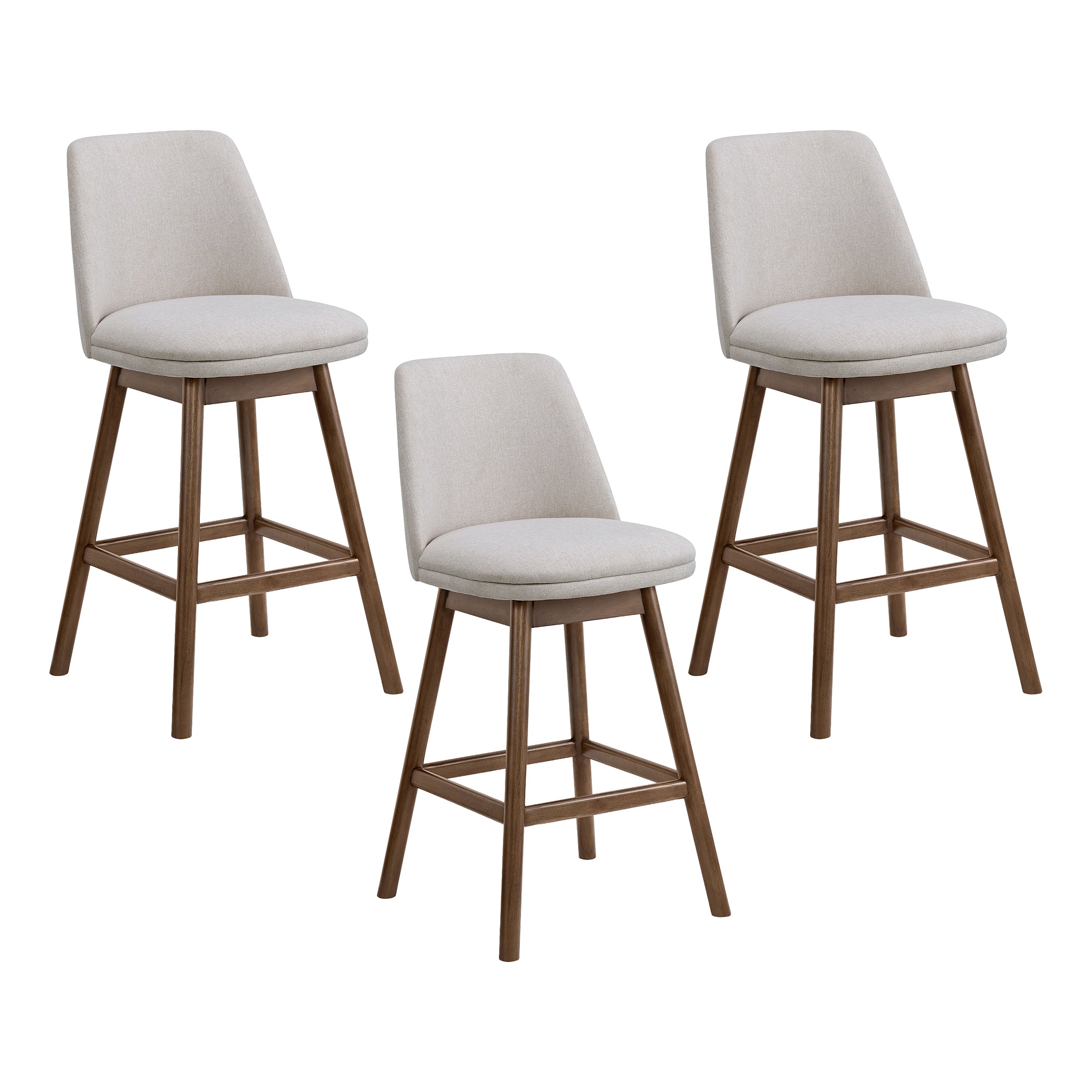 ROME + OAK Rowan 26" Swivel Counter Stool, Walnut, Soft Linen Fabric, Set of 3