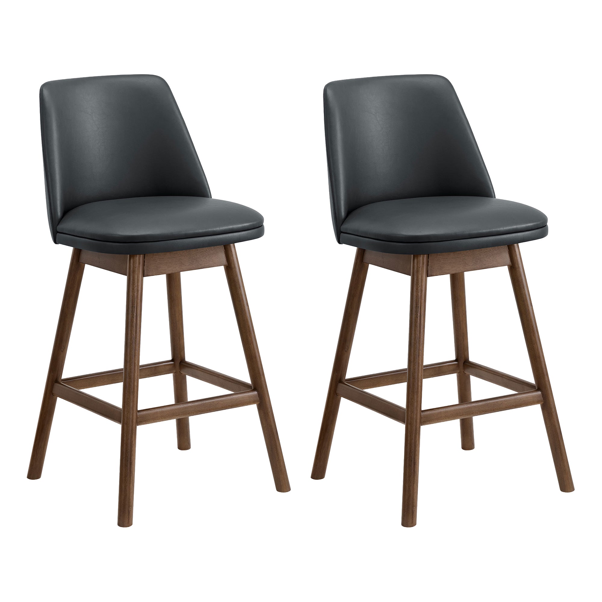 ROME + OAK Rowan 26" Swivel Counter Stool, Walnut, Black Vegan Leather, Set of 2