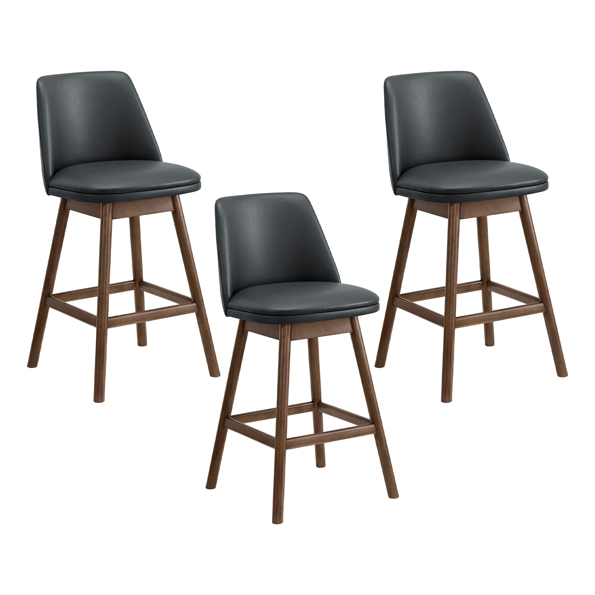 ROME + OAK Rowan 26" Swivel Counter Stool, Walnut, Black Vegan Leather, Set of 3