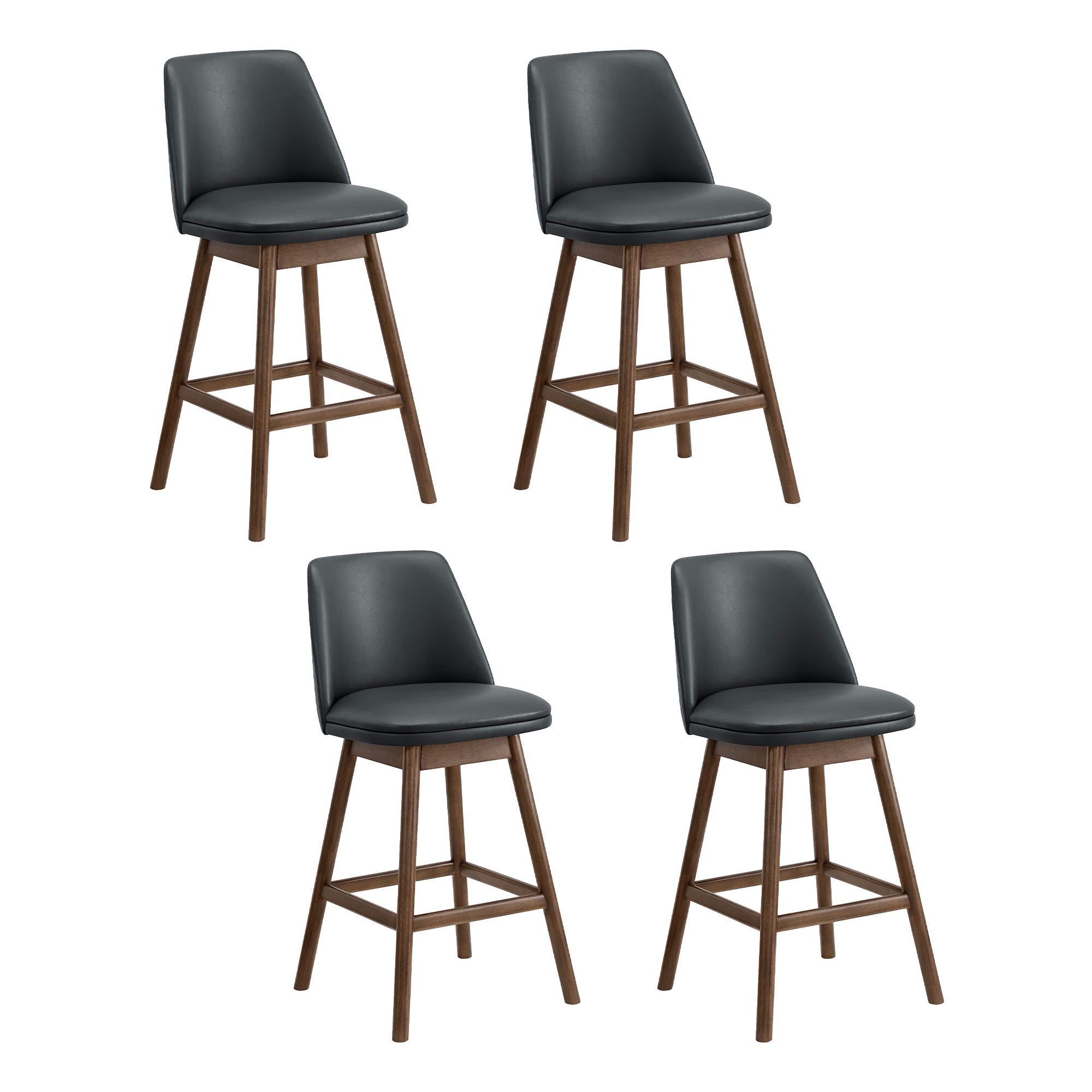ROME + OAK Rowan 26" Swivel Counter Stool, Walnut, Black Vegan Leather, Set of 4