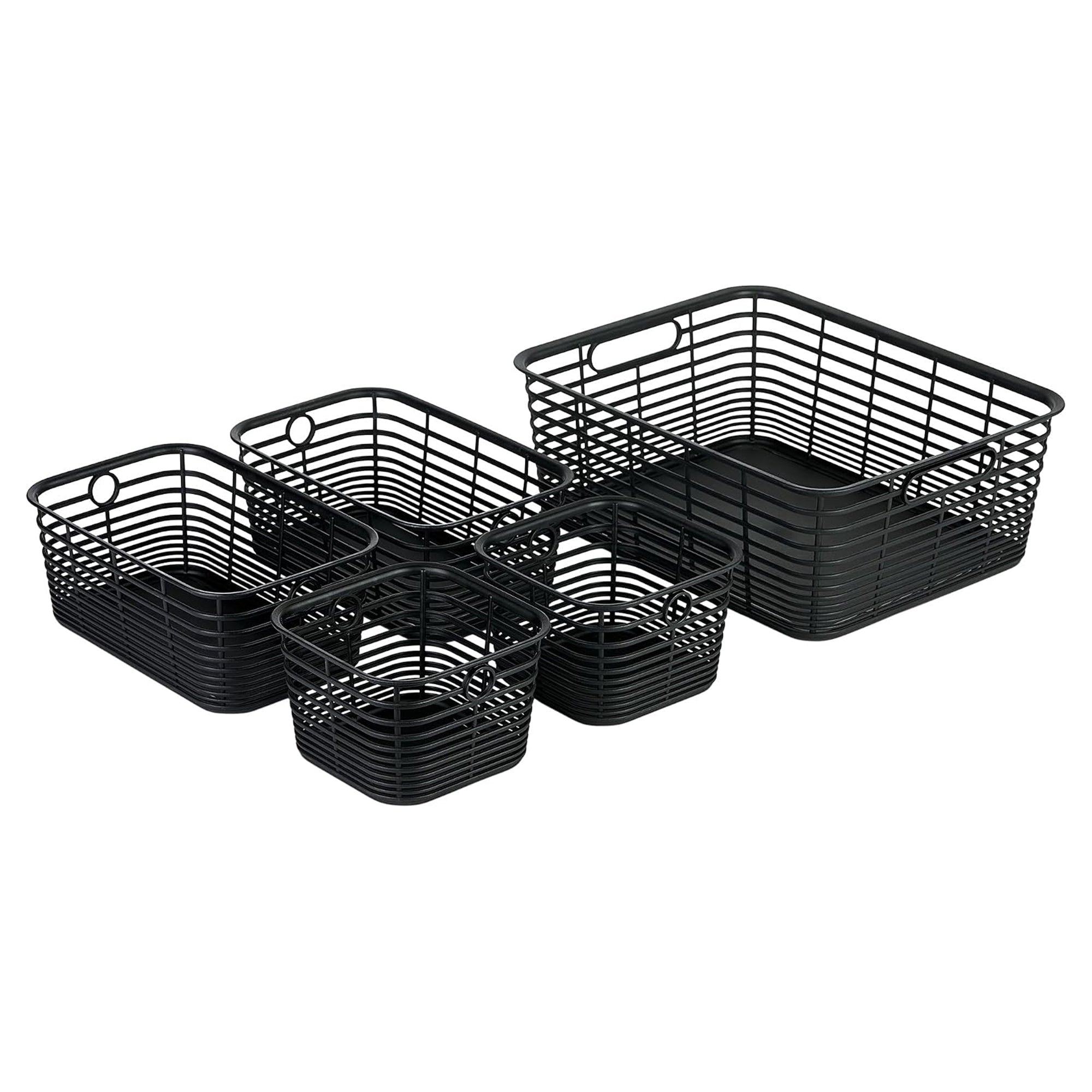 Curver 5 Pack Various Size Aria Plastic Organization and Storage Baskets, Black