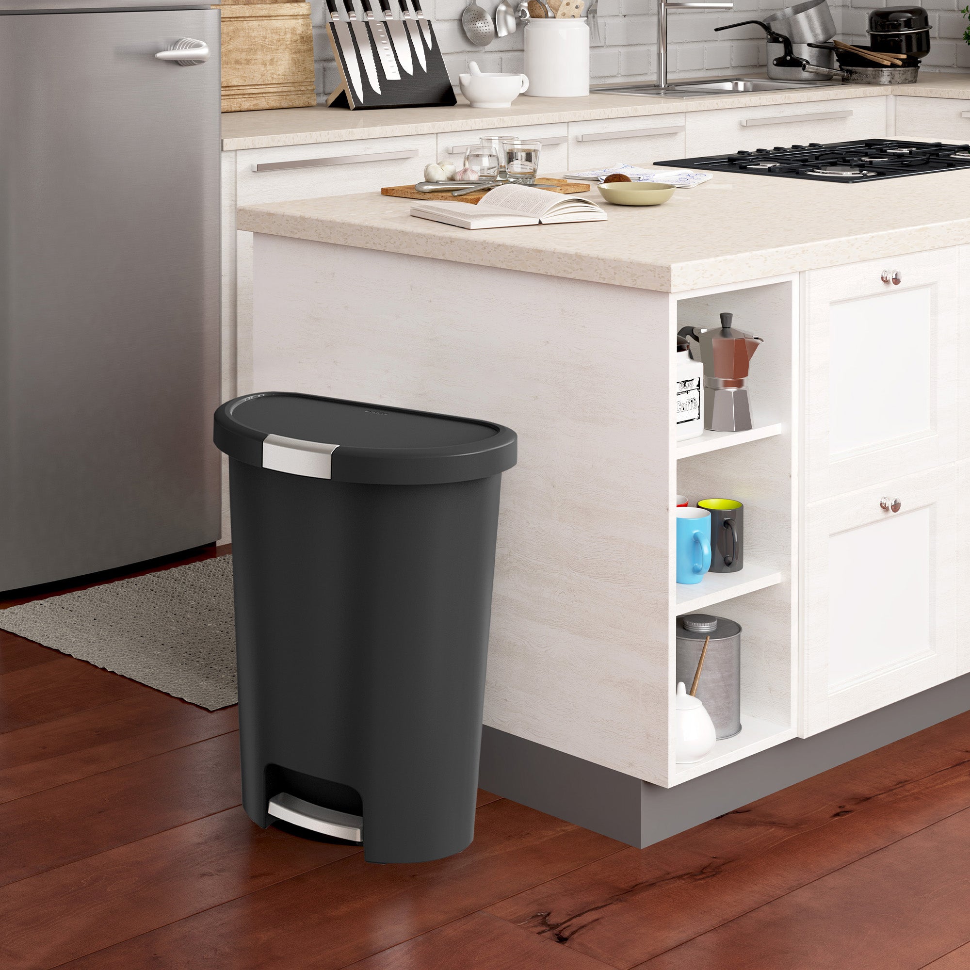Curver Infinity 13 Gal Plastic Kitchen Trash Can with Foot Pedal and Locking Lid