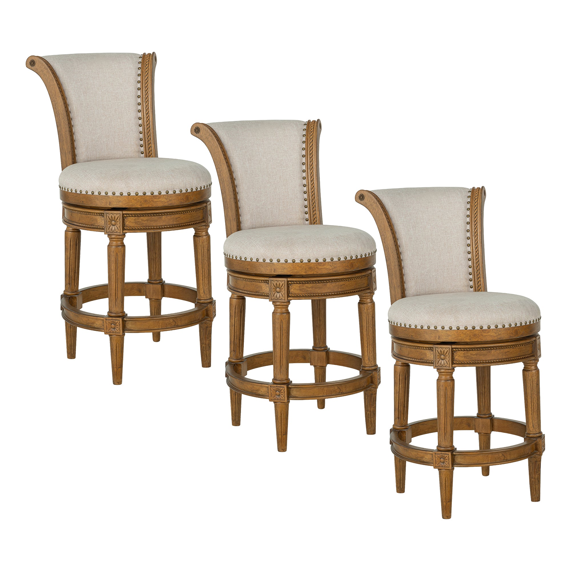 ROME + OAK Runyan 26" Swivel Counter Stool, Weathered Oak, Sand Fabric, Set of 3