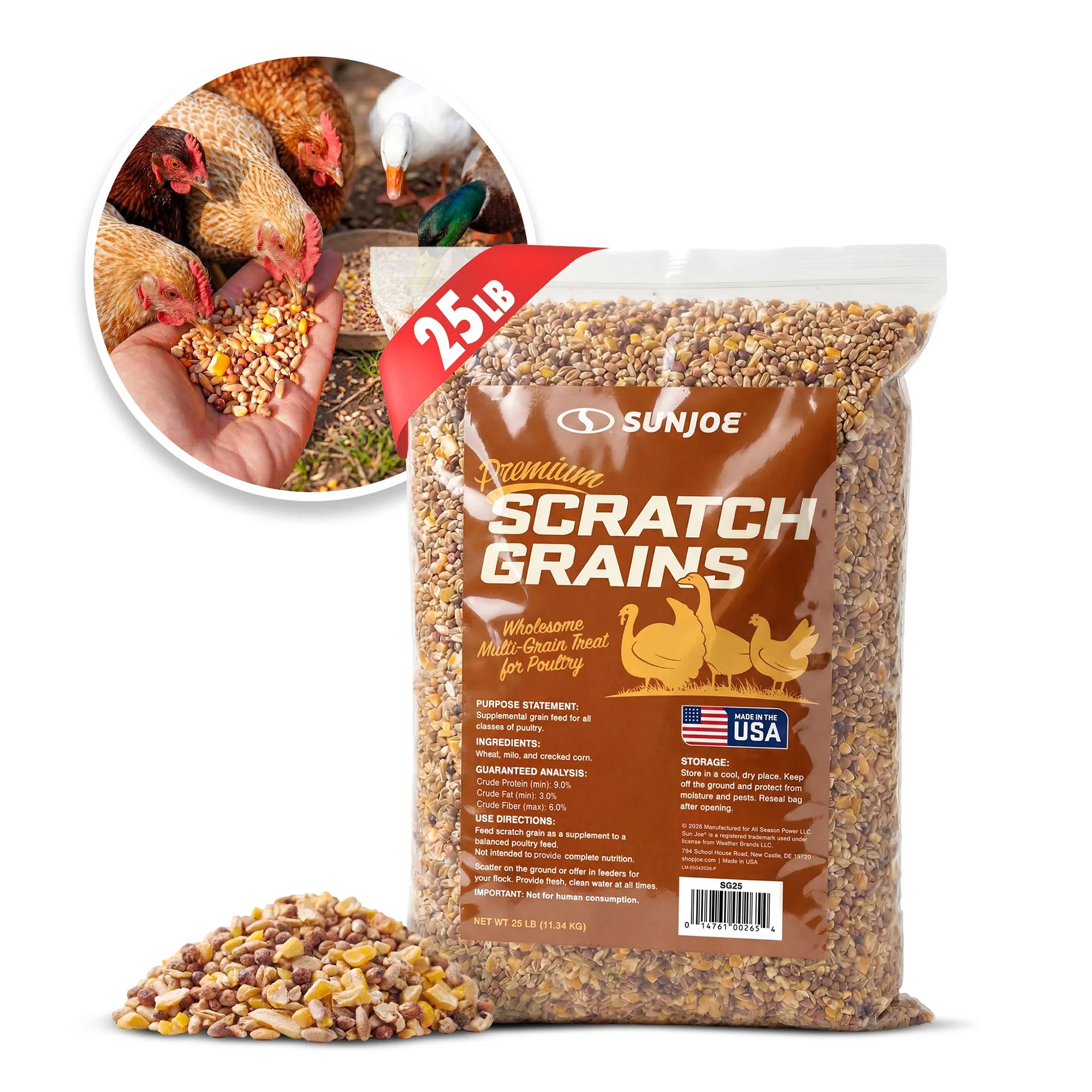 Sun Joe Premium Poultry Scratch Grain, Chicken Feed and Treats, 25 lb Bag