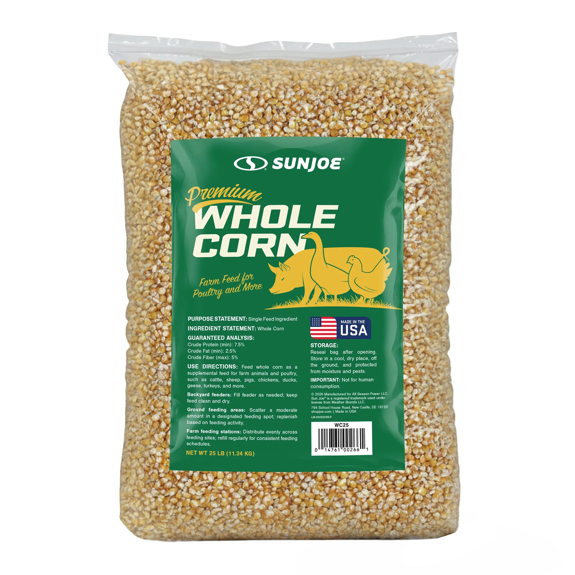 Sun Joe Premium Whole Corn All Season Feed for Wildlife and Poultry, 25 Lb, WC25