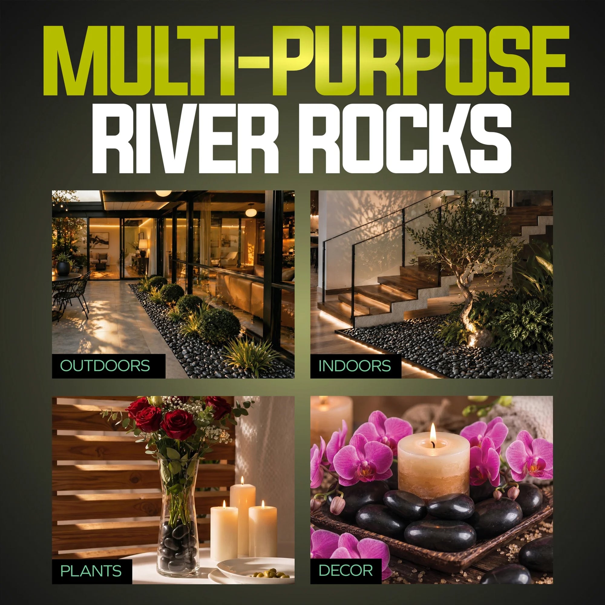 Sun Joe High-Polish Black Decorative River Rocks for Gardens & Decor, 25 lb Bag - VMInnovations