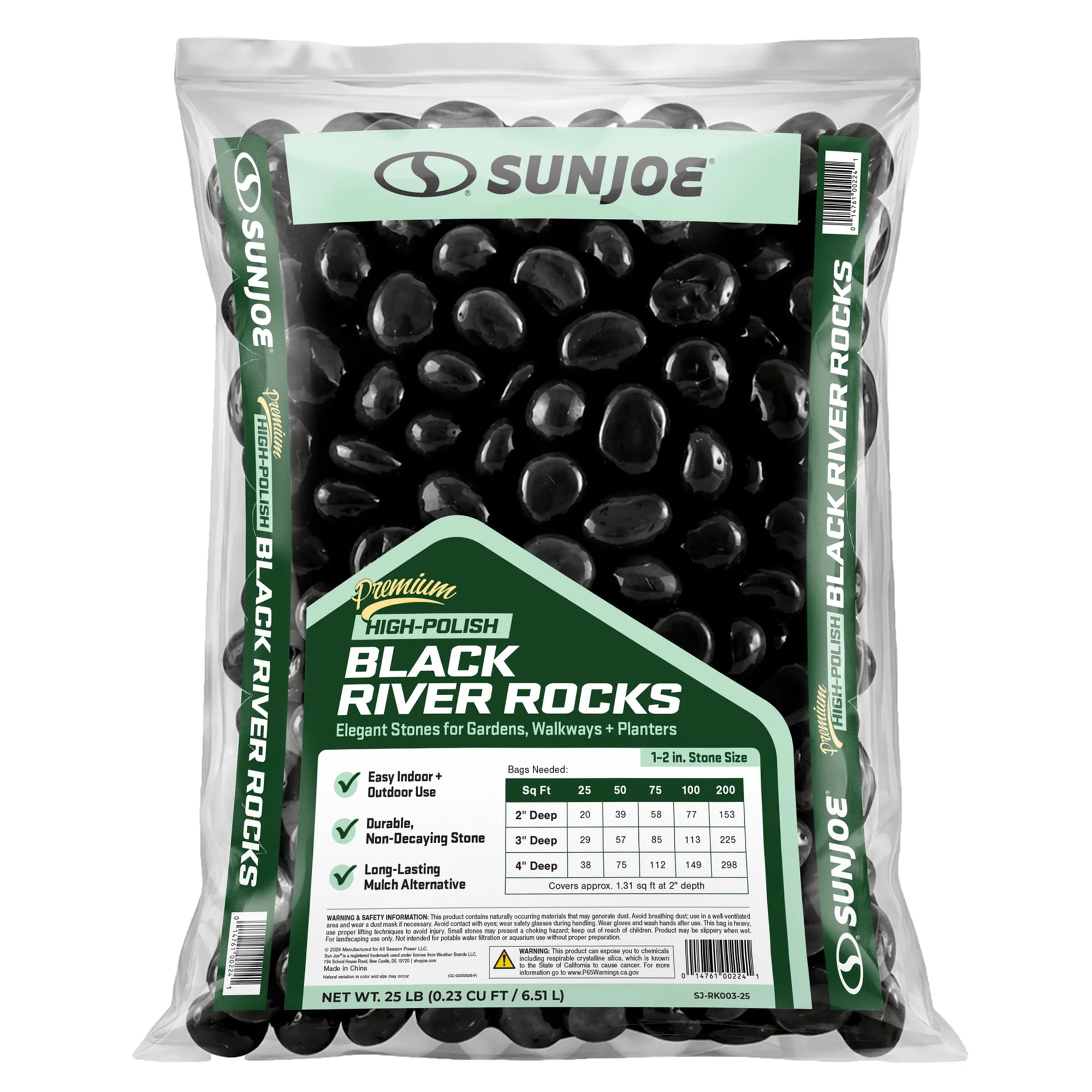Sun Joe High-Polish Black Decorative River Rocks for Gardens & Decor, 25 lb Bag - VMInnovations