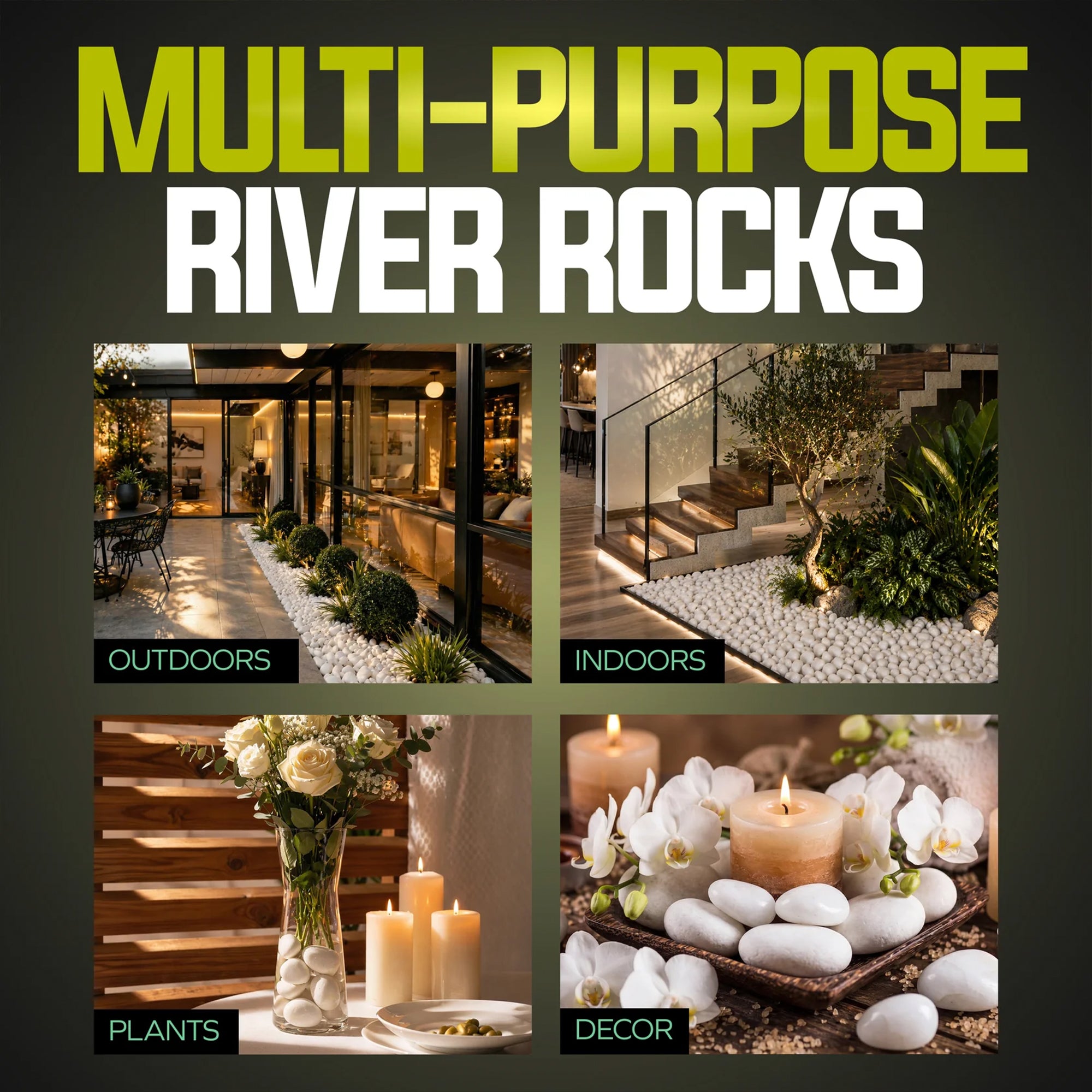 Sun Joe High-Polish White Decorative River Rocks for Gardens & Decor, 25 lb Bag - VMInnovations