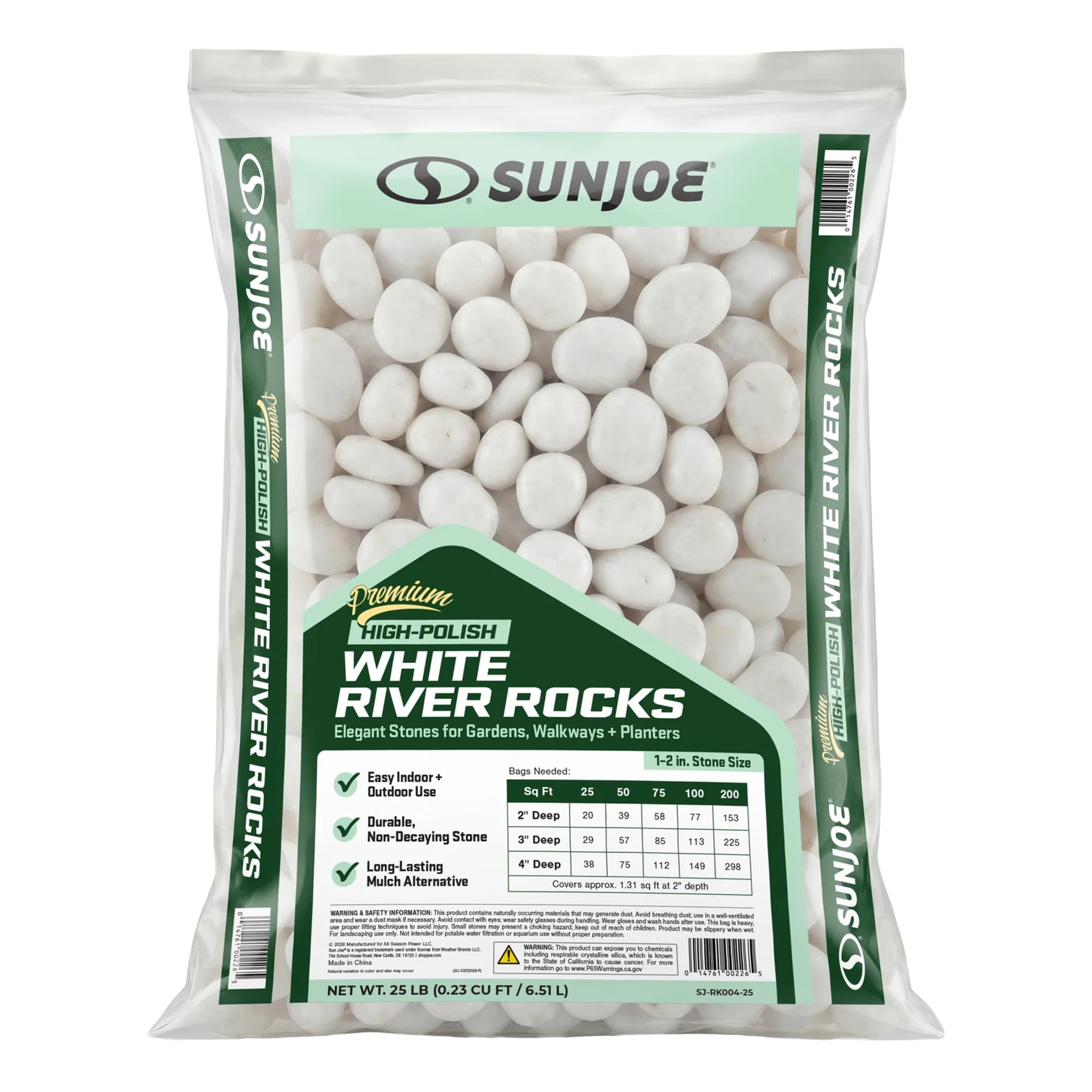 Sun Joe High-Polish White Decorative River Rocks for Gardens & Decor, 25 lb Bag - VMInnovations