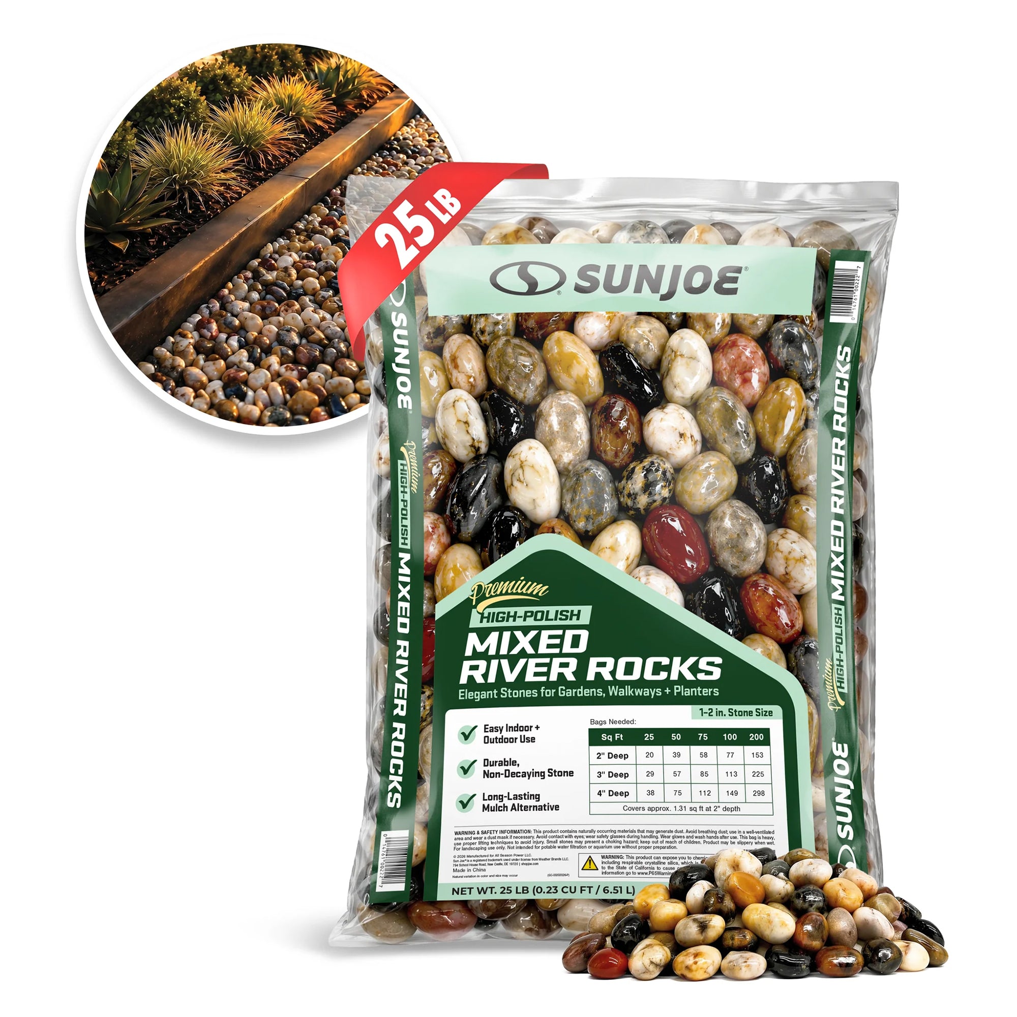 Sun Joe High-Polish Mixed Decorative River Rocks for Gardens & Decor, 25 lb Bag