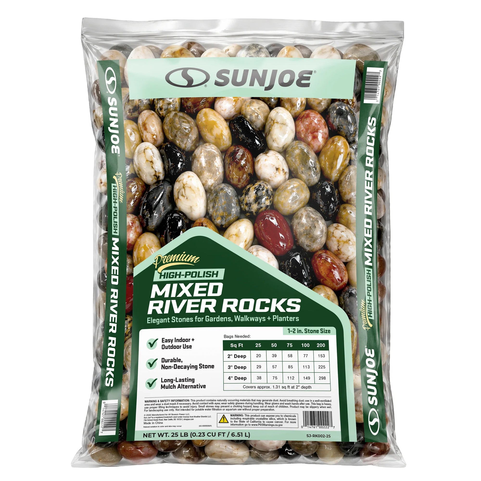 SJ-RK002-25 - Premium High-Polish Mixed Decorative Pebbles, 1-2 in, 25lb Bag