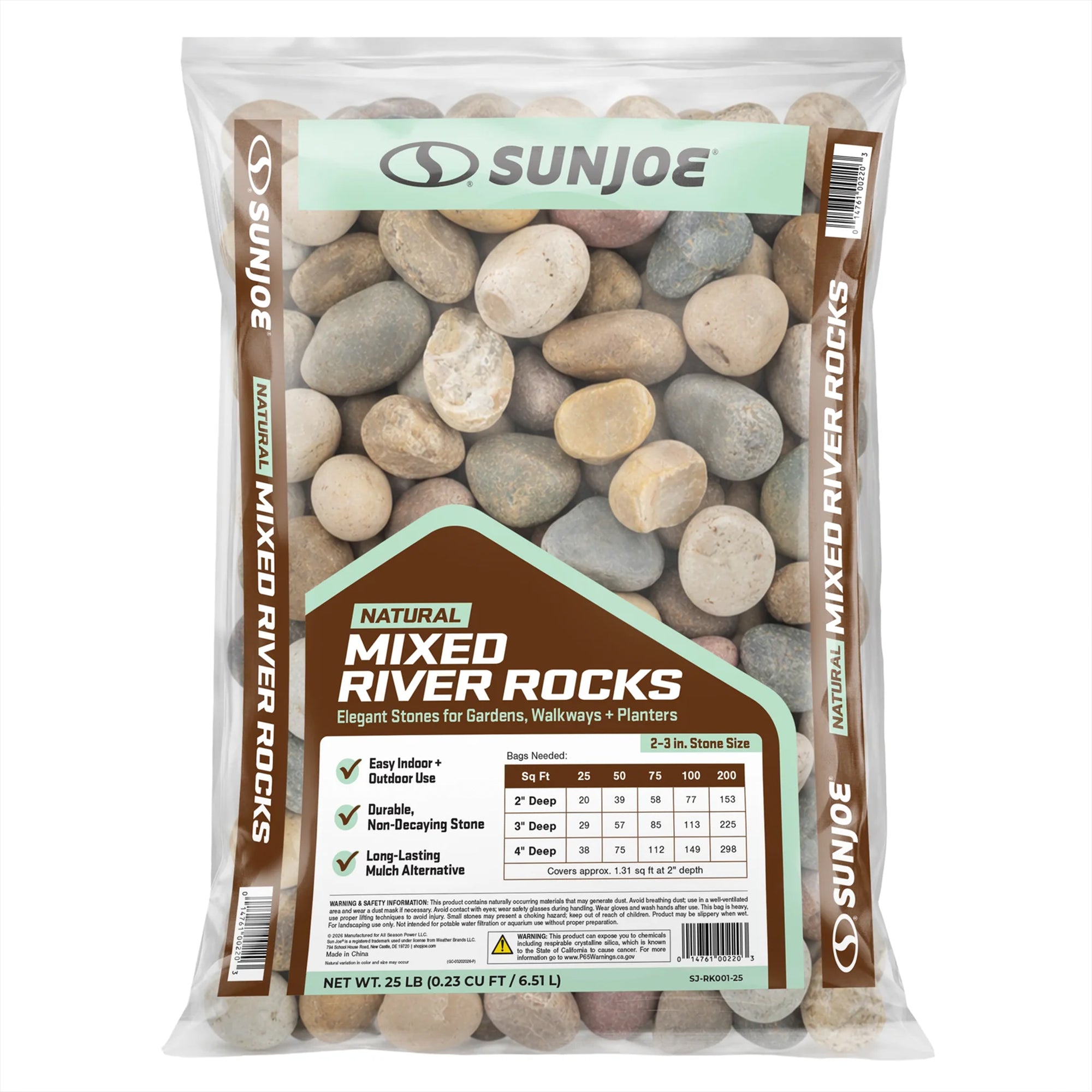 Sun Joe Natural Mixed Decorative River Rocks for Gardens & Decor, 25 lb Bag