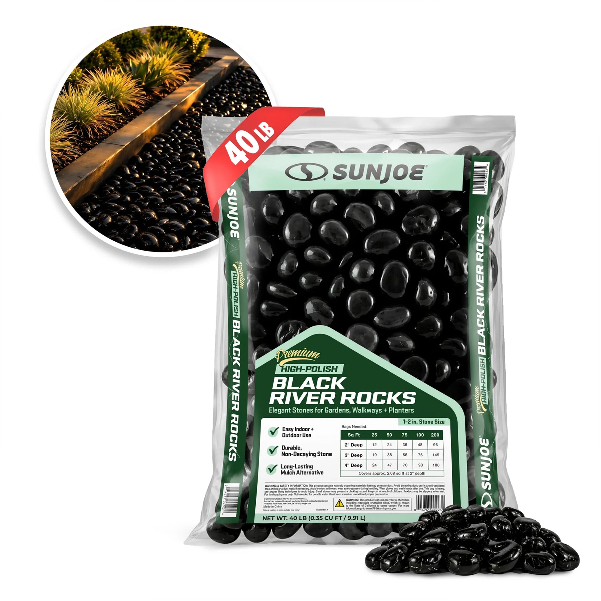 Sun Joe High-Polish Black Decorative River Rocks for Gardens & Decor, 40 lb Bag