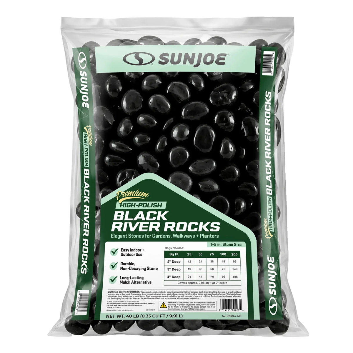 Sun Joe High-Polish Black Decorative River Rocks for Gardens & Decor, 40 lb Bag - VMInnovations