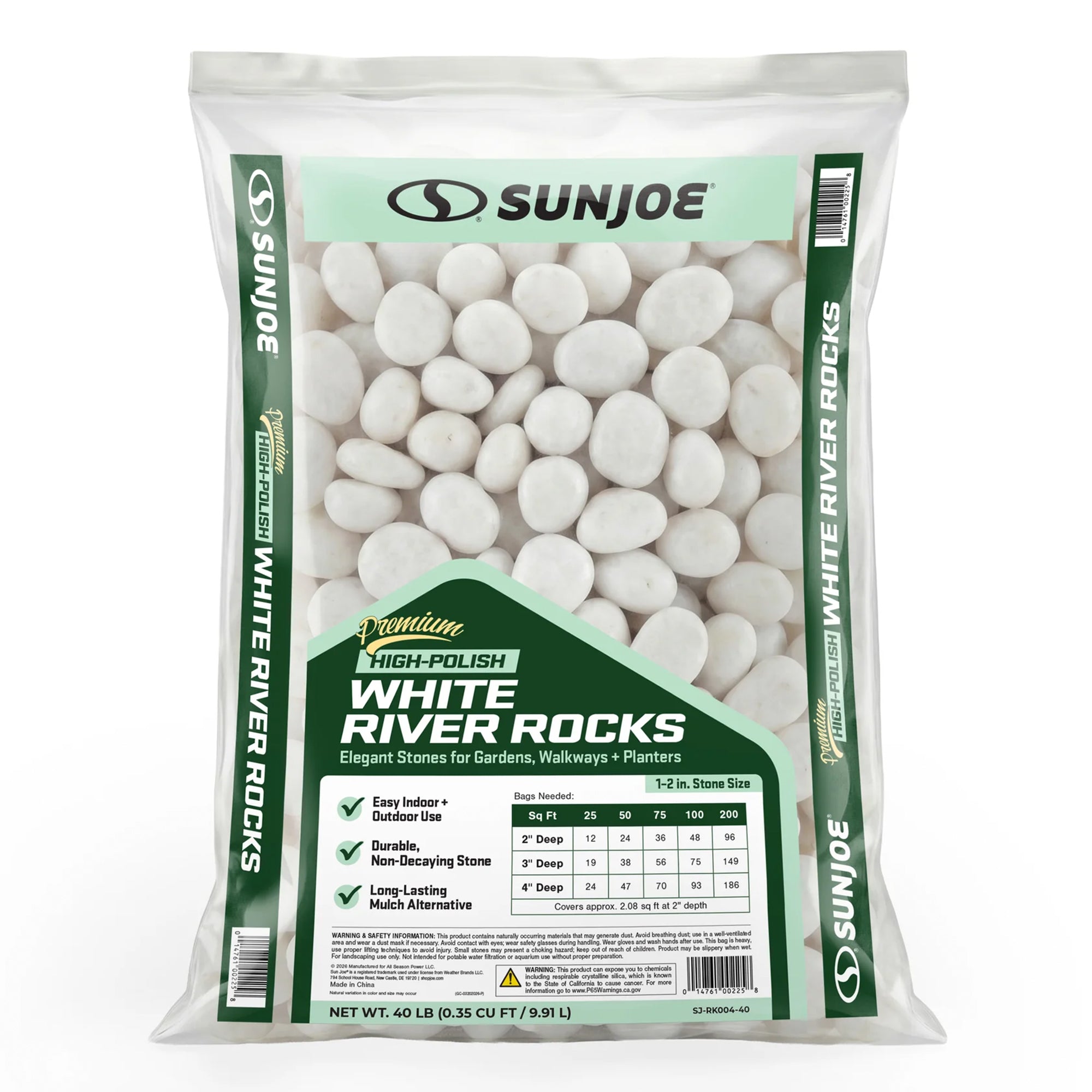 Sun Joe High-Polish White Decorative River Rocks for Gardens & Decor, 40 lb Bag