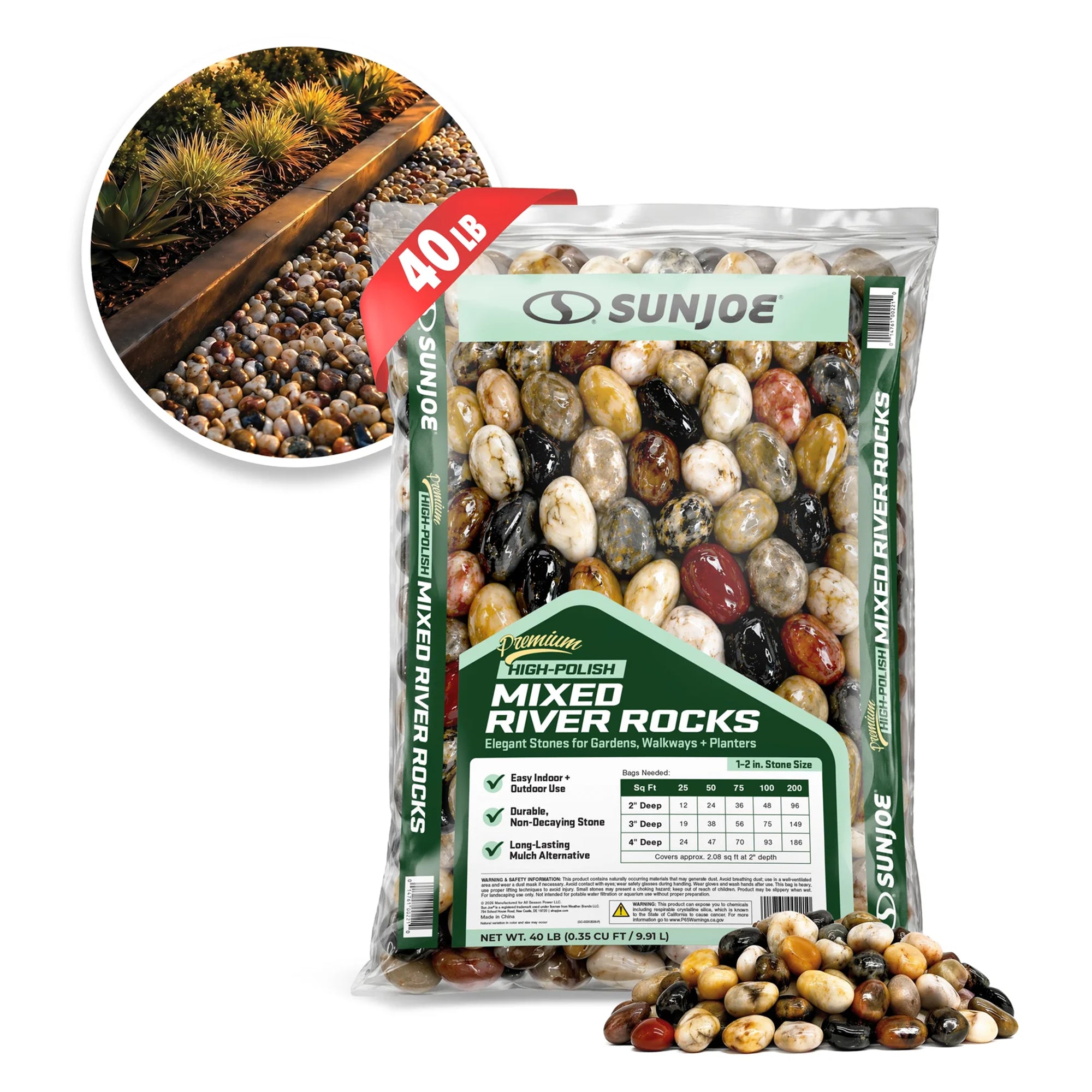 Sun Joe High-Polish Mixed Decorative River Rocks for Gardens & Decor, 40 lb Bag