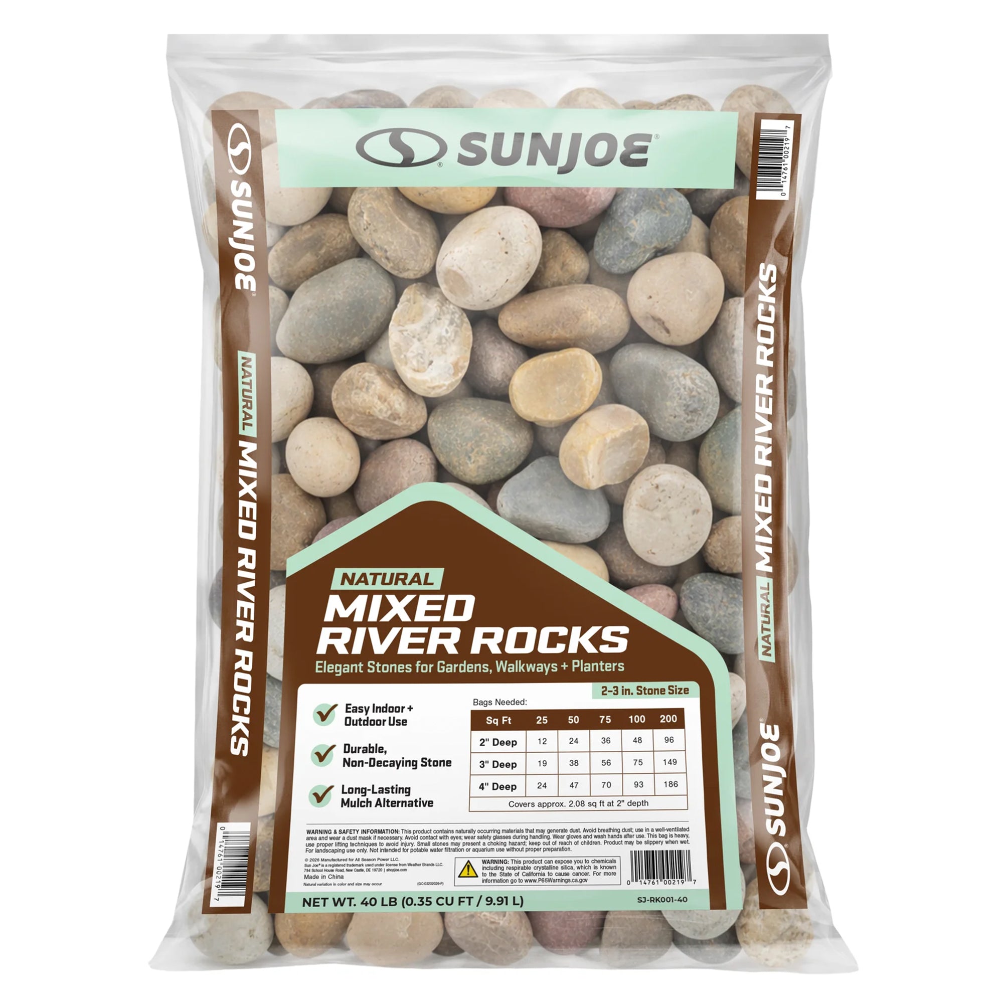 Sun Joe Natural Mixed Decorative River Rocks for Gardens & Decor, 40 lb Bag - VMInnovations