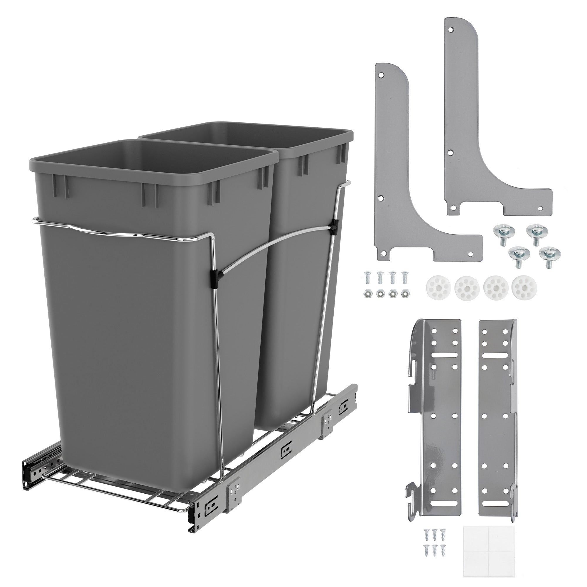 Rev-A-Shelf Cabinet Door Mount Kit & Double Pullout Trash Can, 35 Quarts, Silver