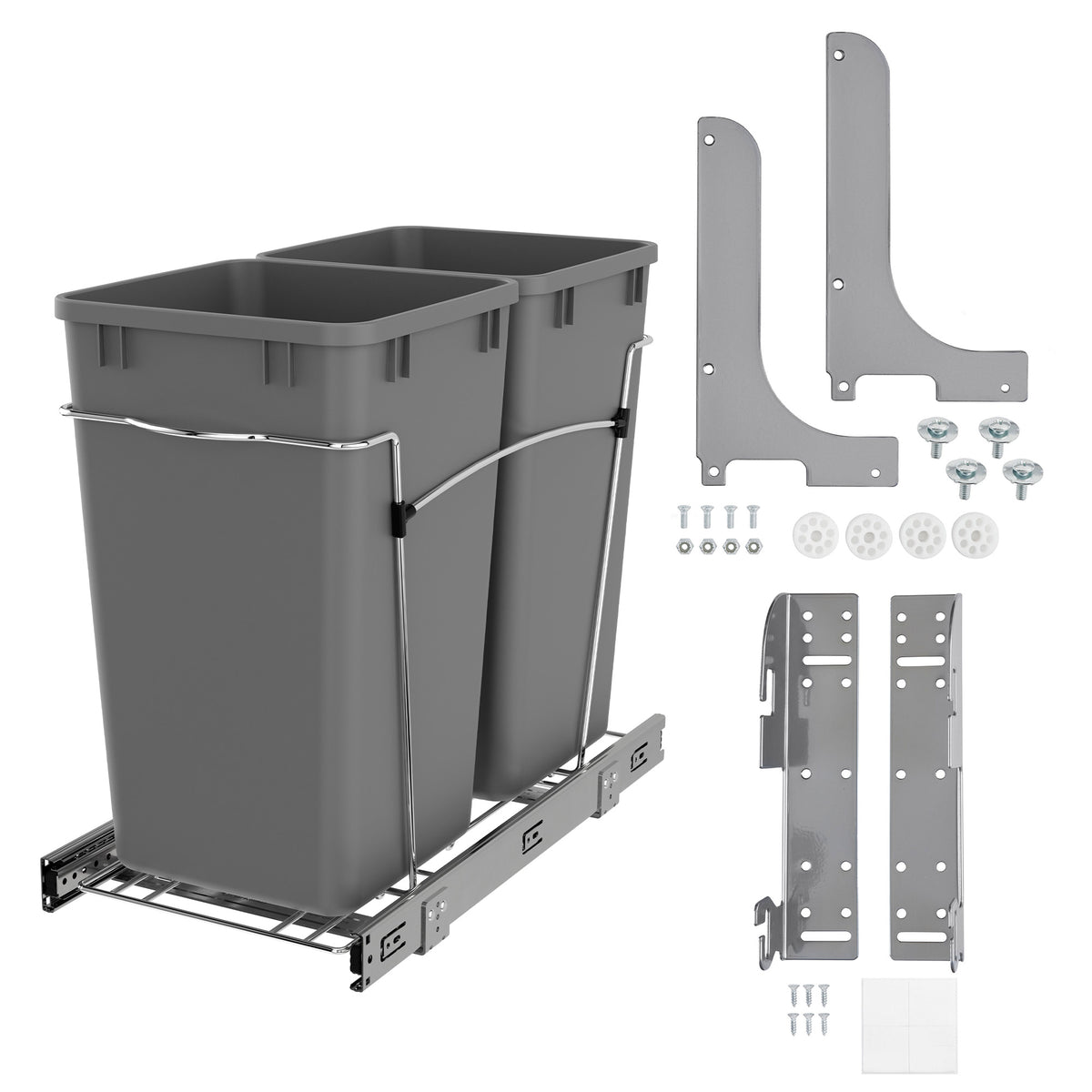 Rev-A-Shelf Cabinet Door Mount Kit & Double Pullout Trash Can, 35 Quarts, Silver