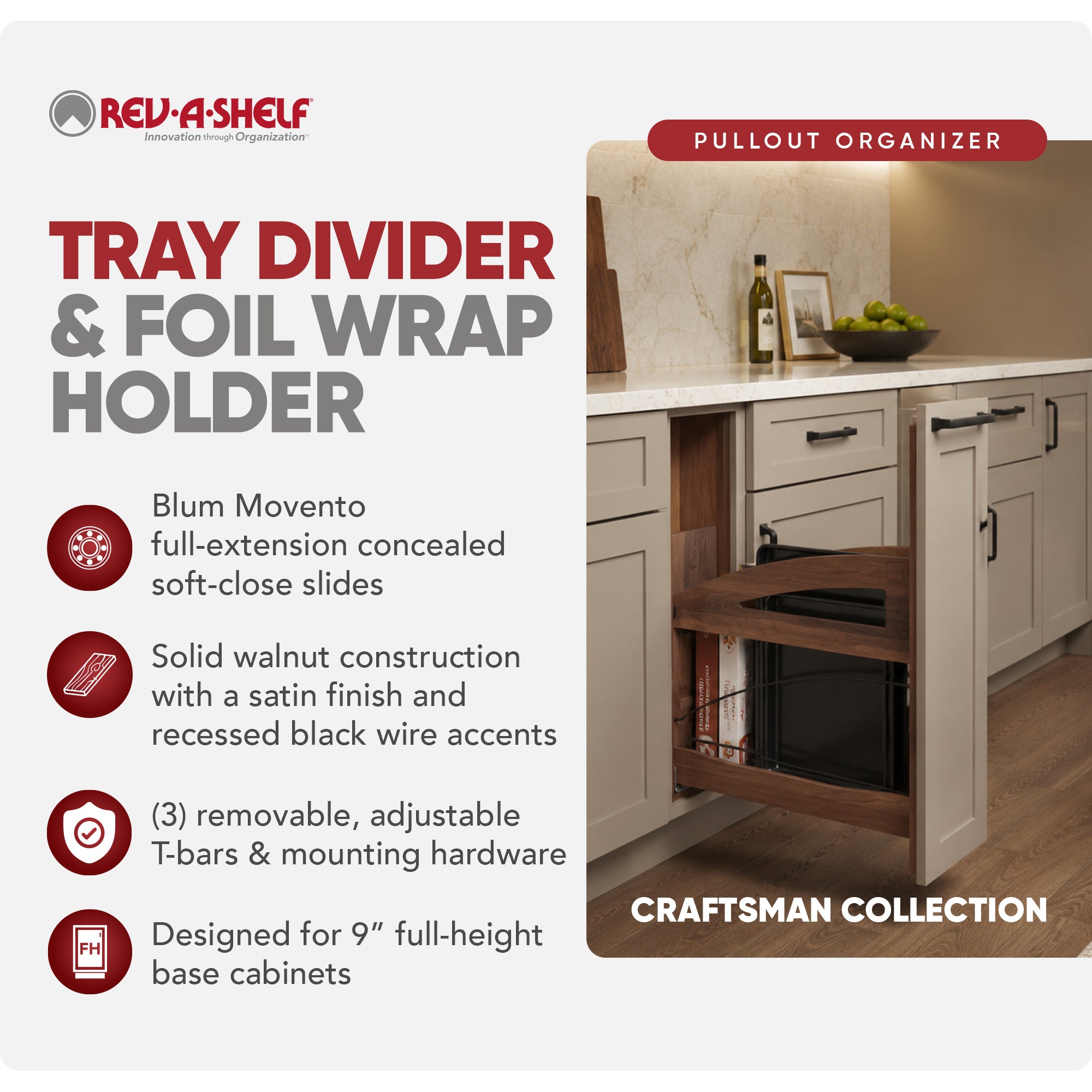 Rev-A-Shelf Pullout Tray Divider with Soft-Close for 9” Base Cabinets - VMInnovations