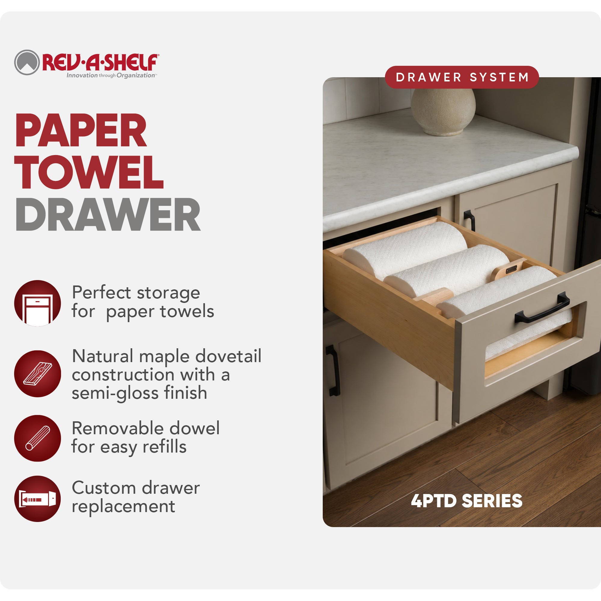 Rev-A-Shelf Kitchen Paper Towel Holder with Soft-Close for 18” Base Cabinets - VMInnovations