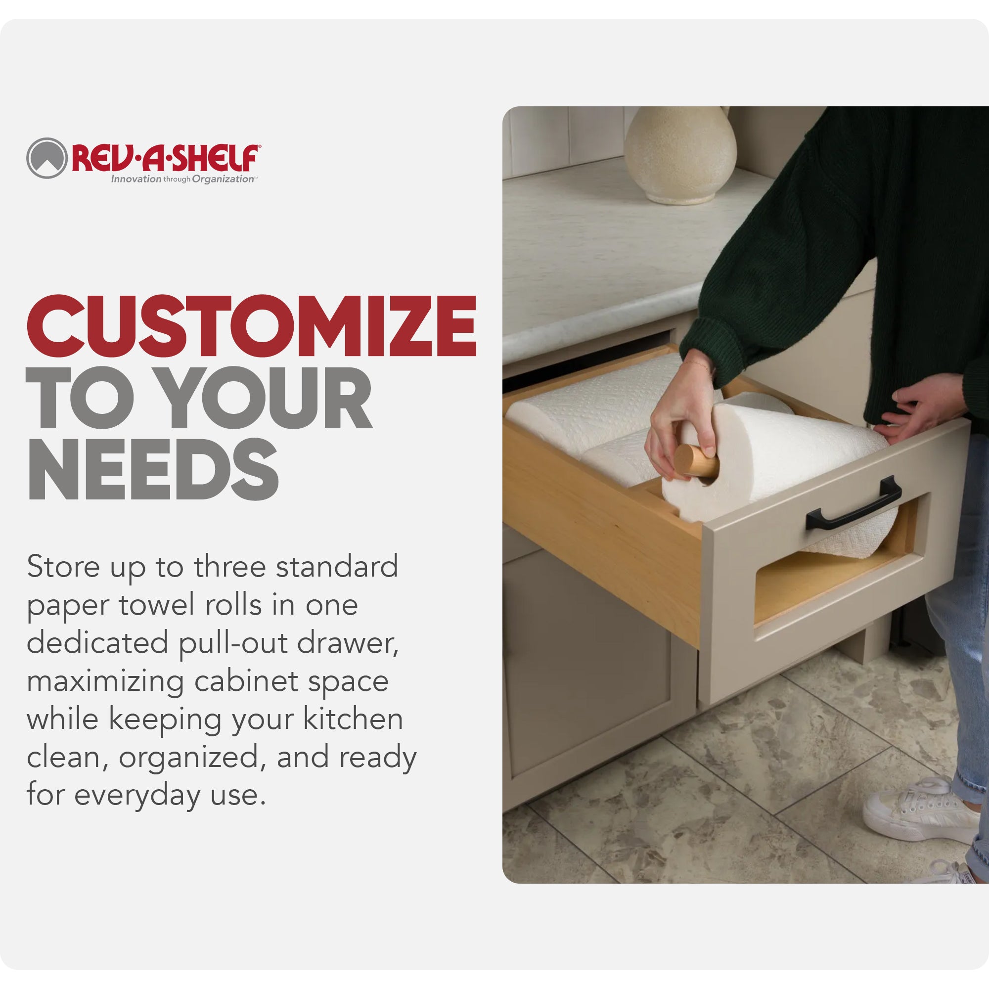 Rev-A-Shelf Kitchen Paper Towel Holder with Soft-Close for 18” Base Cabinets - VMInnovations