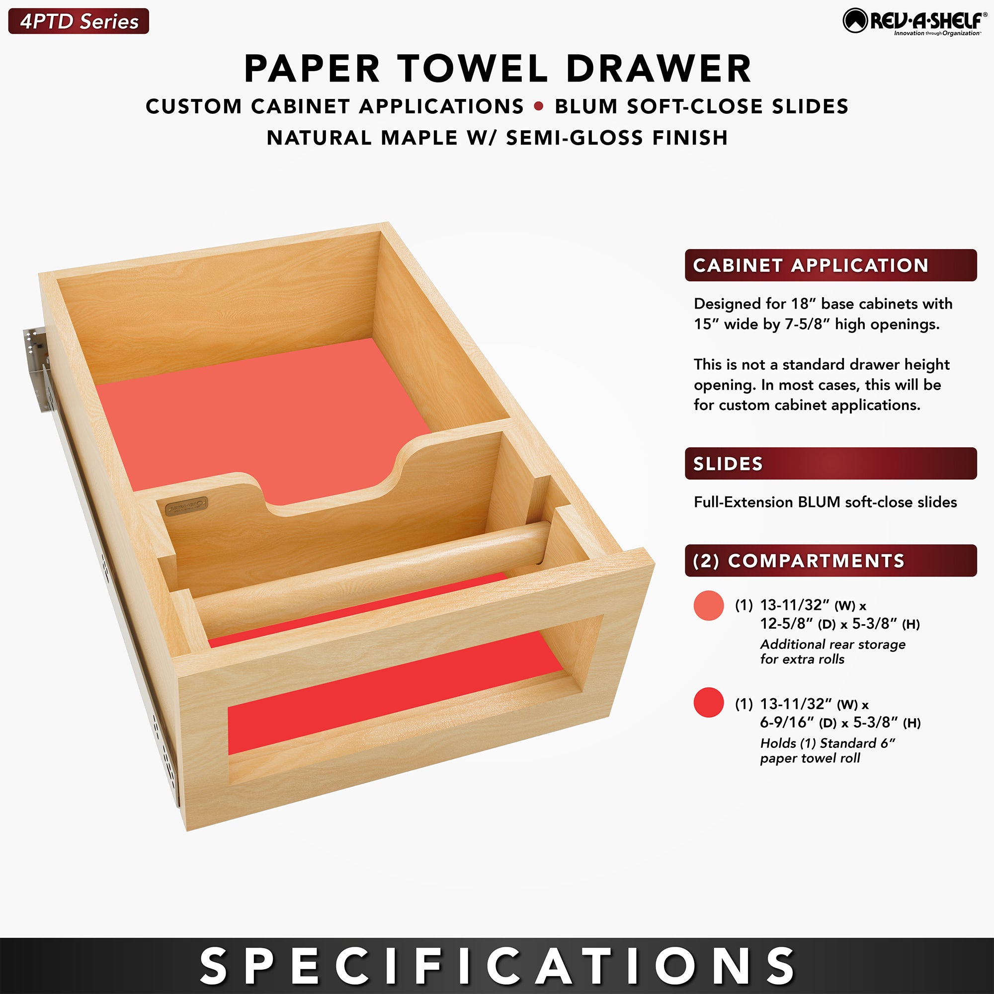 Rev-A-Shelf Kitchen Paper Towel Holder with Soft-Close for 18” Base Cabinets