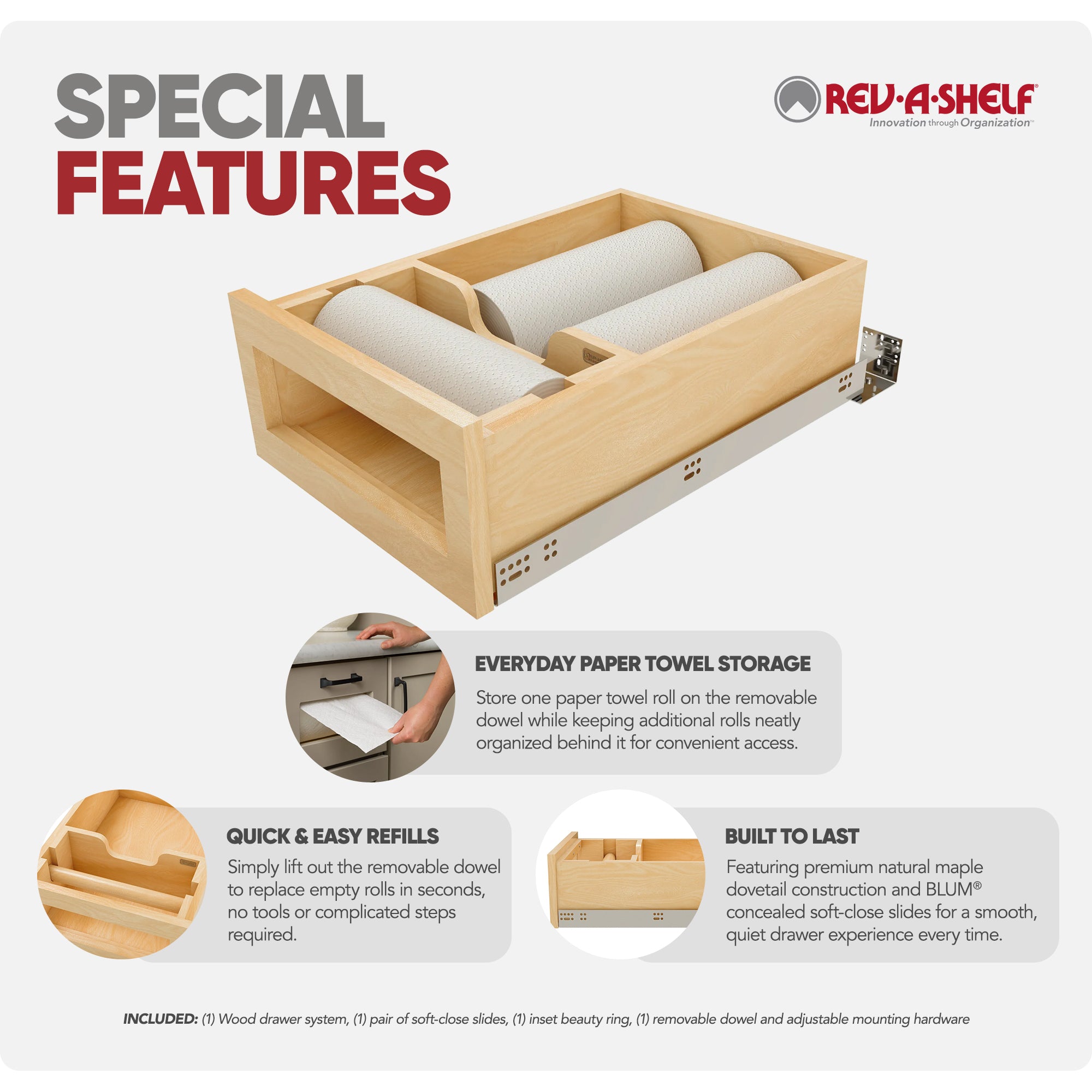 Rev-A-Shelf Kitchen Paper Towel Holder with Soft-Close for 18” Base Cabinets - VMInnovations