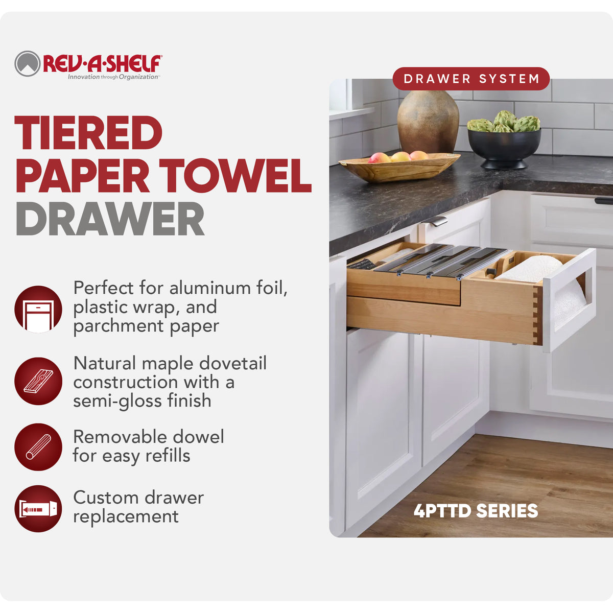 Rev-A-Shelf Kitchen Paper Towel Holder with Soft-Close for 18” Base Cabinets - VMInnovations