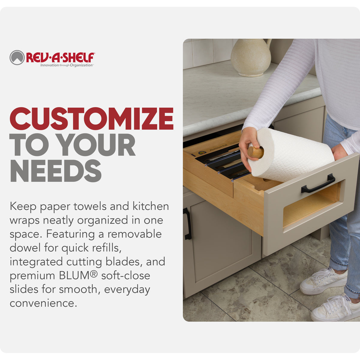Rev-A-Shelf Kitchen Paper Towel Holder with Soft-Close for 18” Base Cabinets - VMInnovations