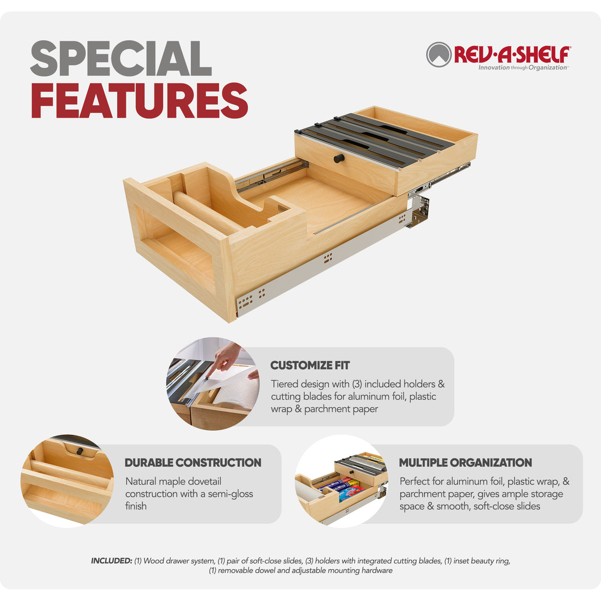 Rev-A-Shelf Kitchen Paper Towel Holder with Soft-Close for 18” Base Cabinets - VMInnovations