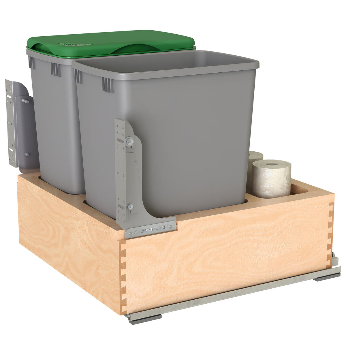 Rev-A-Shelf Wood Double Pullout Waste Container, Soft-Close, 32 qt, Silver - VMInnovations