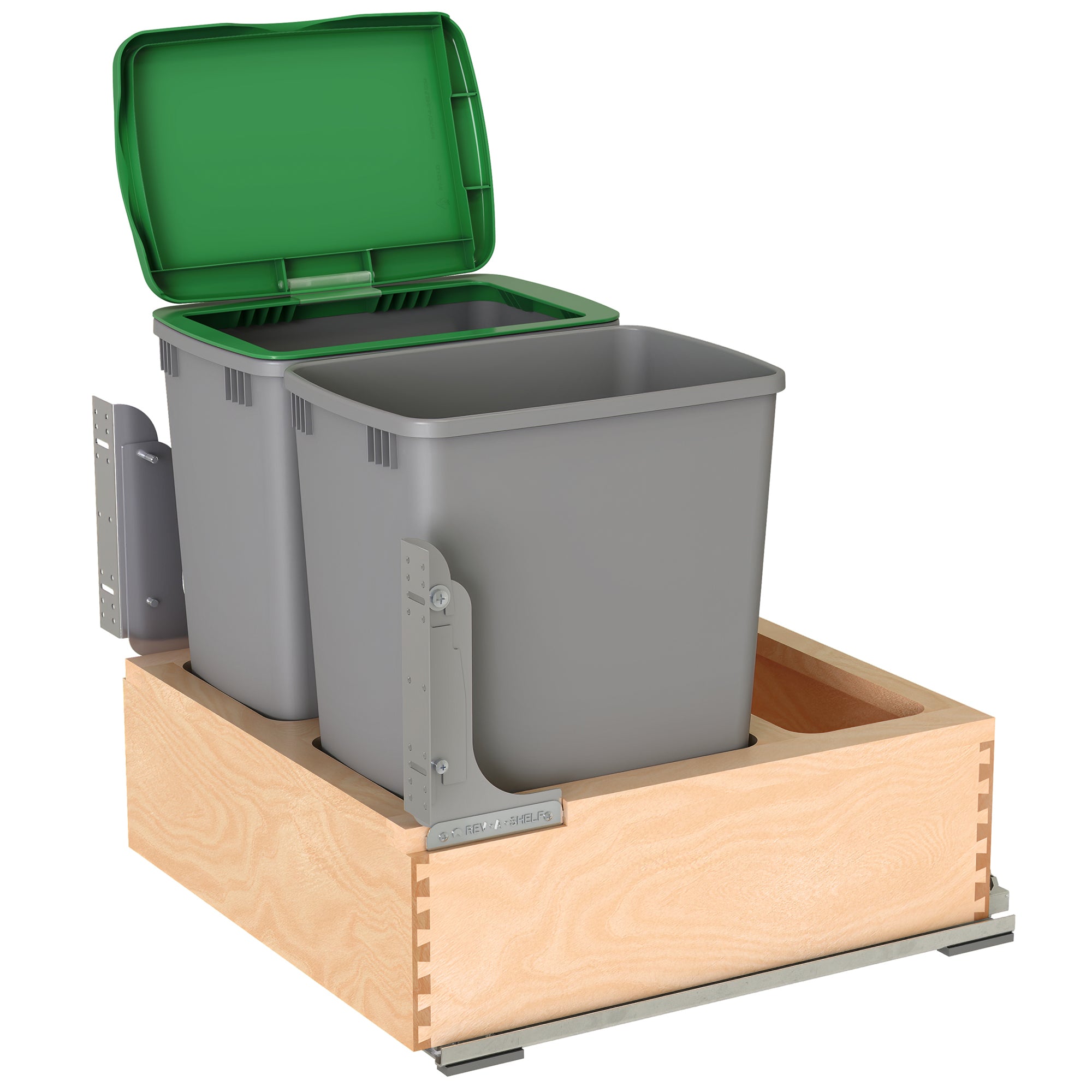 Rev-A-Shelf Wood Double Pullout Waste Container, Soft-Close, 32 qt, Silver - VMInnovations