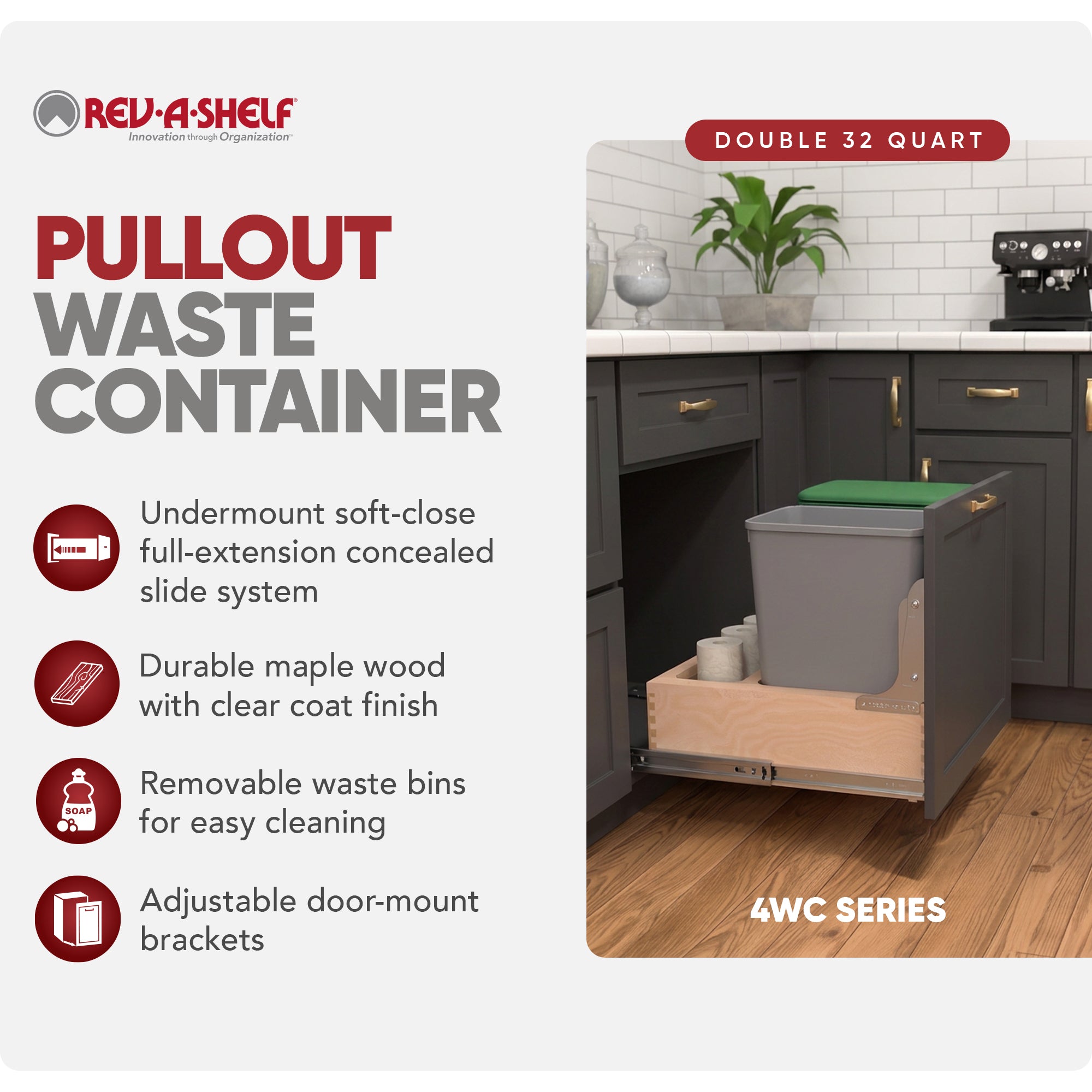 Rev-A-Shelf Wood Double Pullout Waste Container, Soft-Close, 32 qt, Silver - VMInnovations