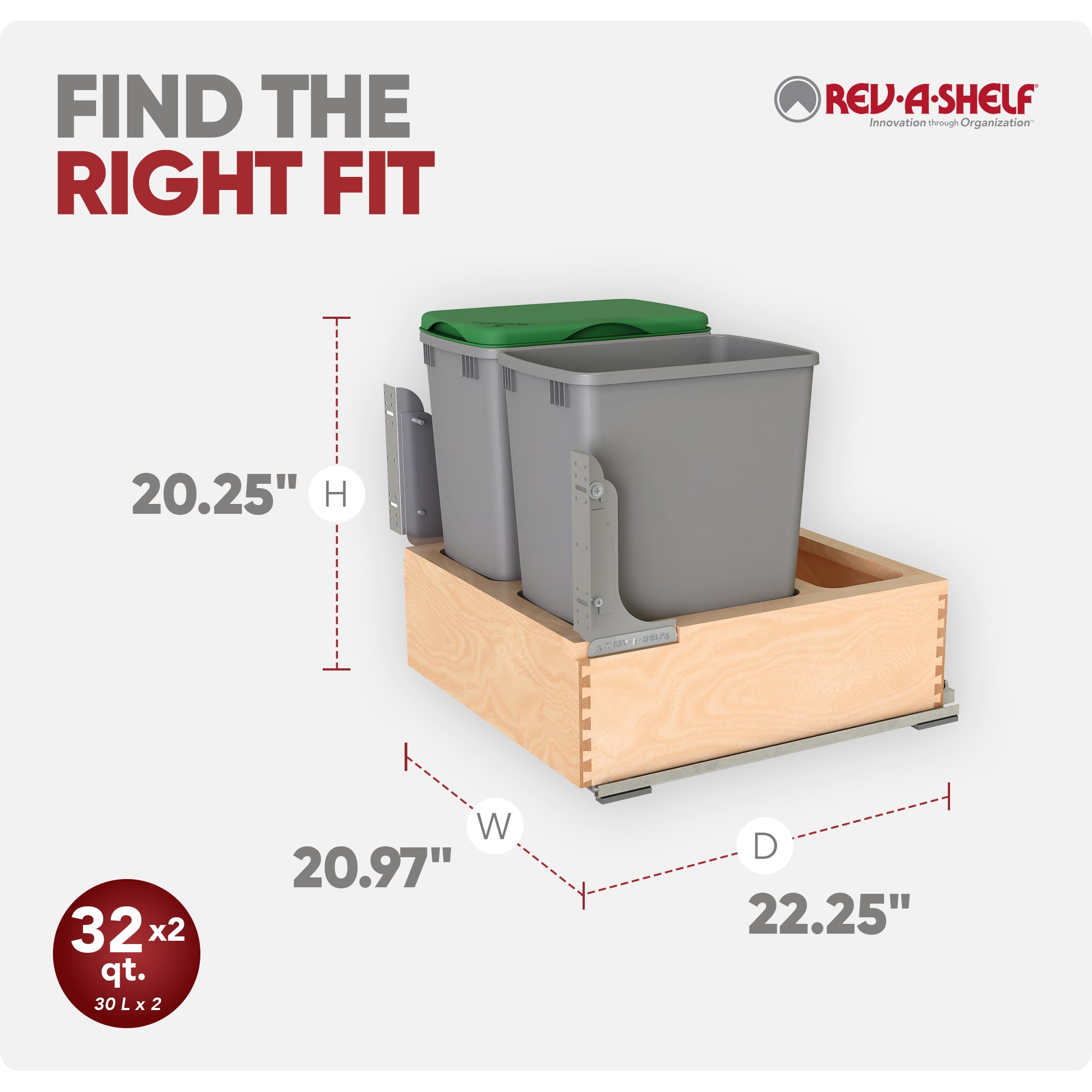 Rev-A-Shelf Wood Double Pullout Waste Container, Soft-Close, 32 qt, Silver - VMInnovations