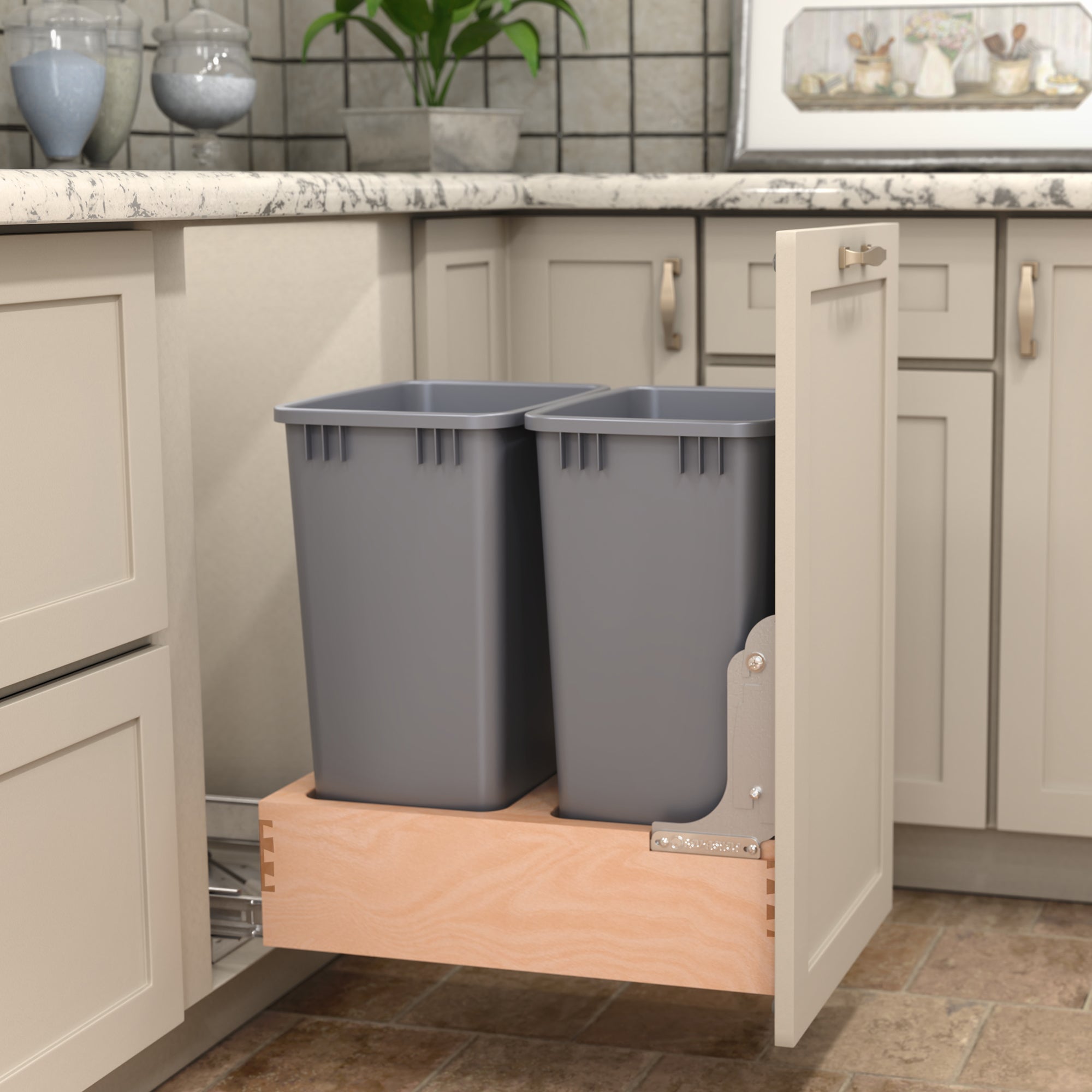 Rev-A-Shelf Wood Double Pullout Waste Container, Soft-Close, 50 qt, Silver - VMInnovations