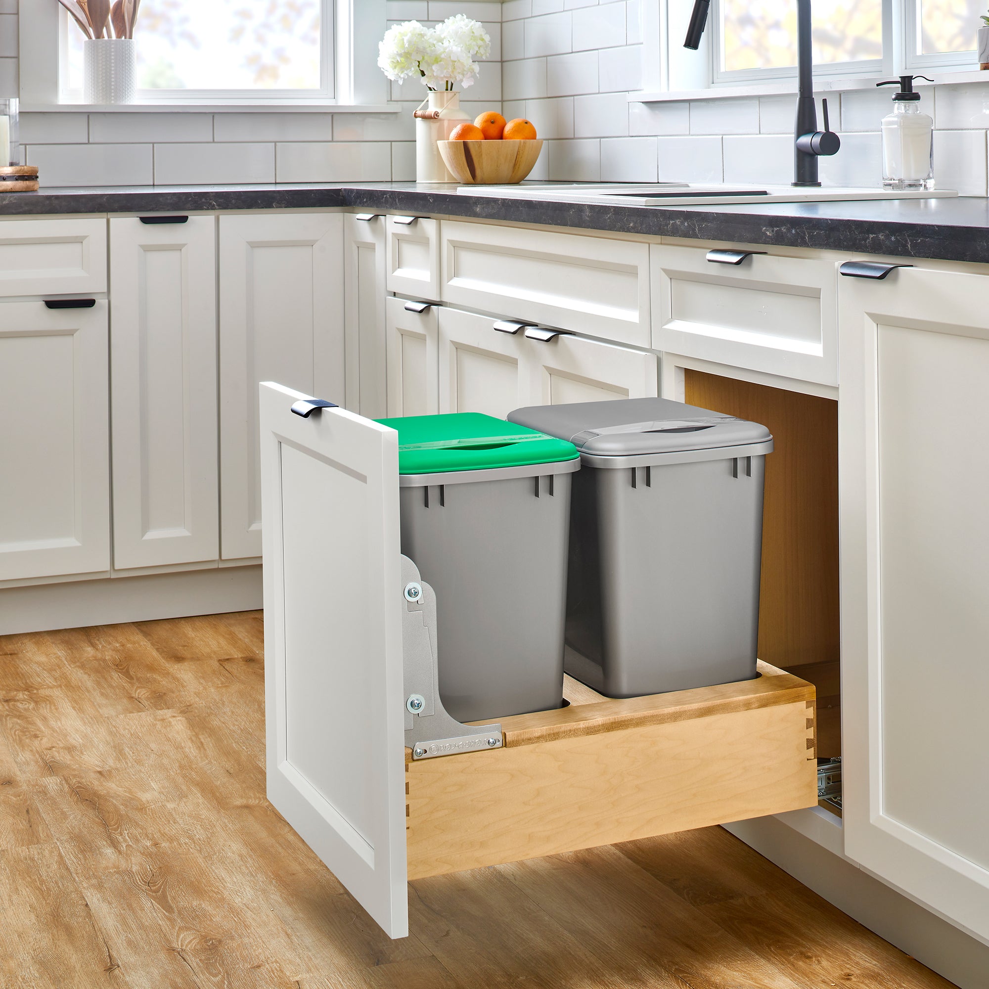 Rev-A-Shelf Wood Double Pullout Waste Container, Soft-Close, 35 qt, Silver - VMInnovations