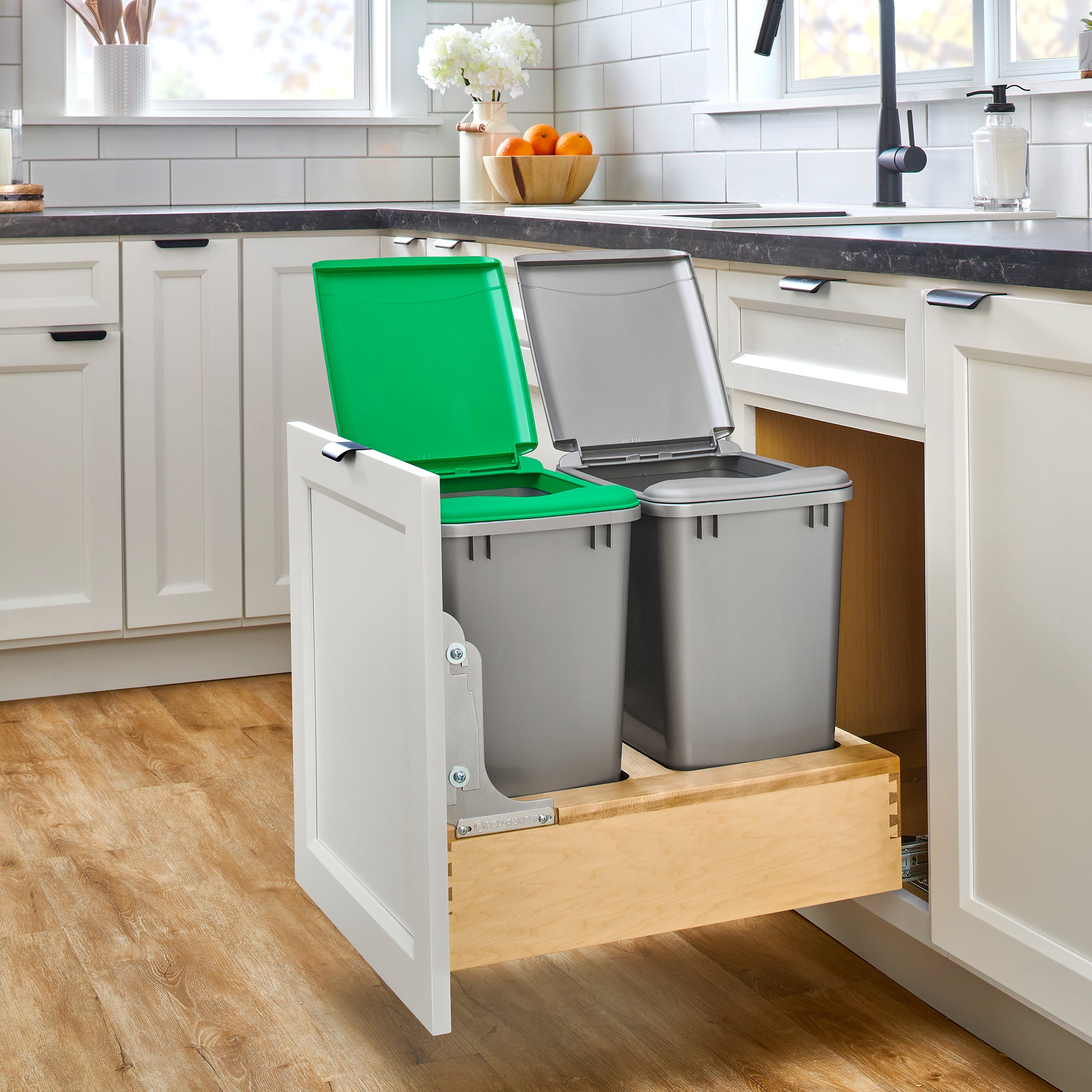 Rev-A-Shelf Wood Double Pullout Waste Container, Soft-Close, 35 qt, Silver - VMInnovations