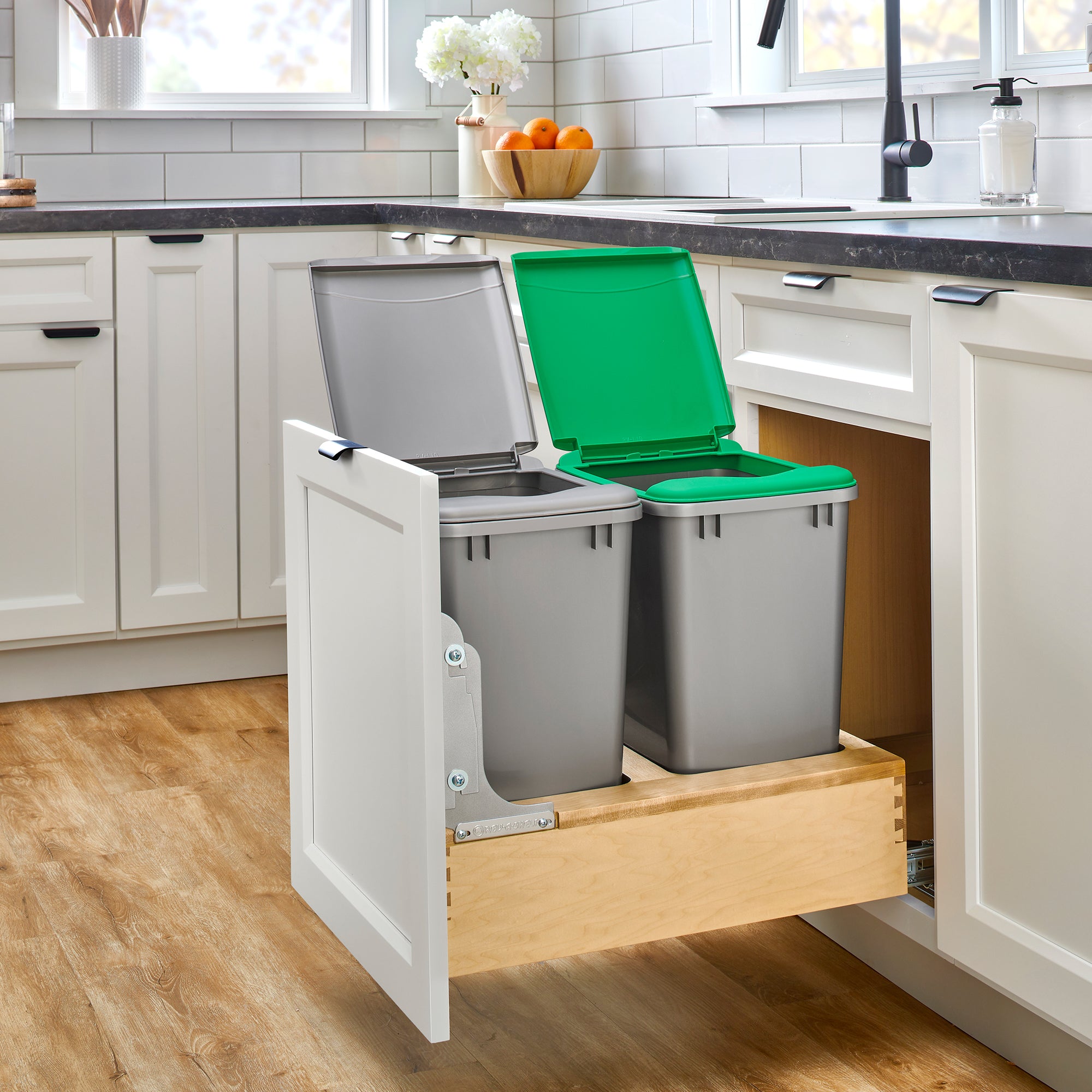 Rev-A-Shelf Wood Double Pullout Waste Container, Soft-Close, 35 qt, Silver - VMInnovations