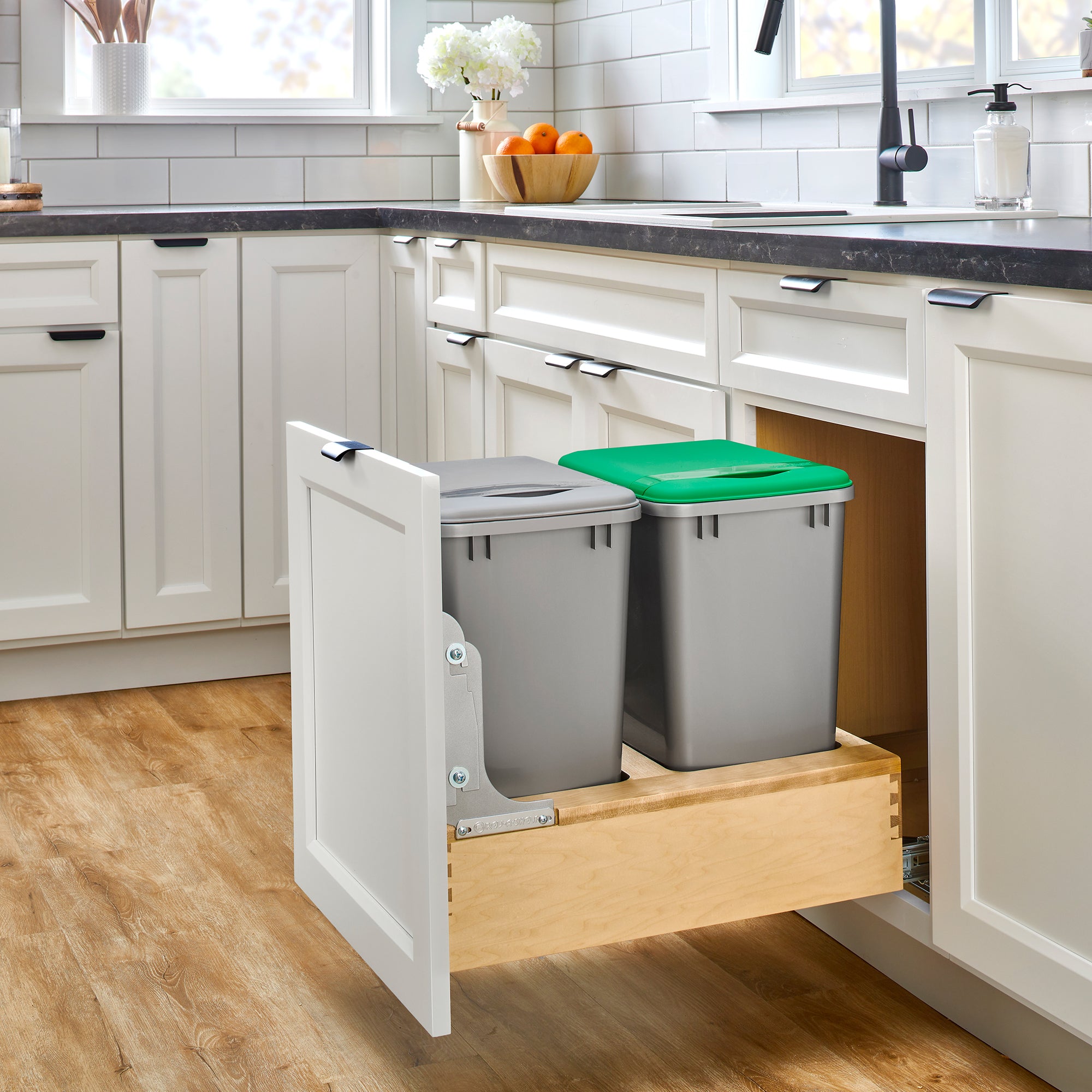 Rev-A-Shelf Wood Double Pullout Waste Container, Soft-Close, 35 qt, Silver - VMInnovations