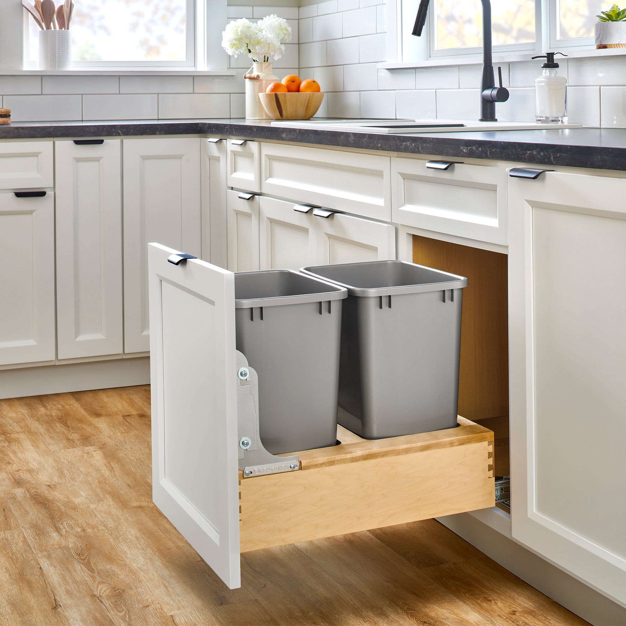 Rev-A-Shelf Wood Double Pullout Waste Container, Soft-Close, 35 qt, Silver - VMInnovations