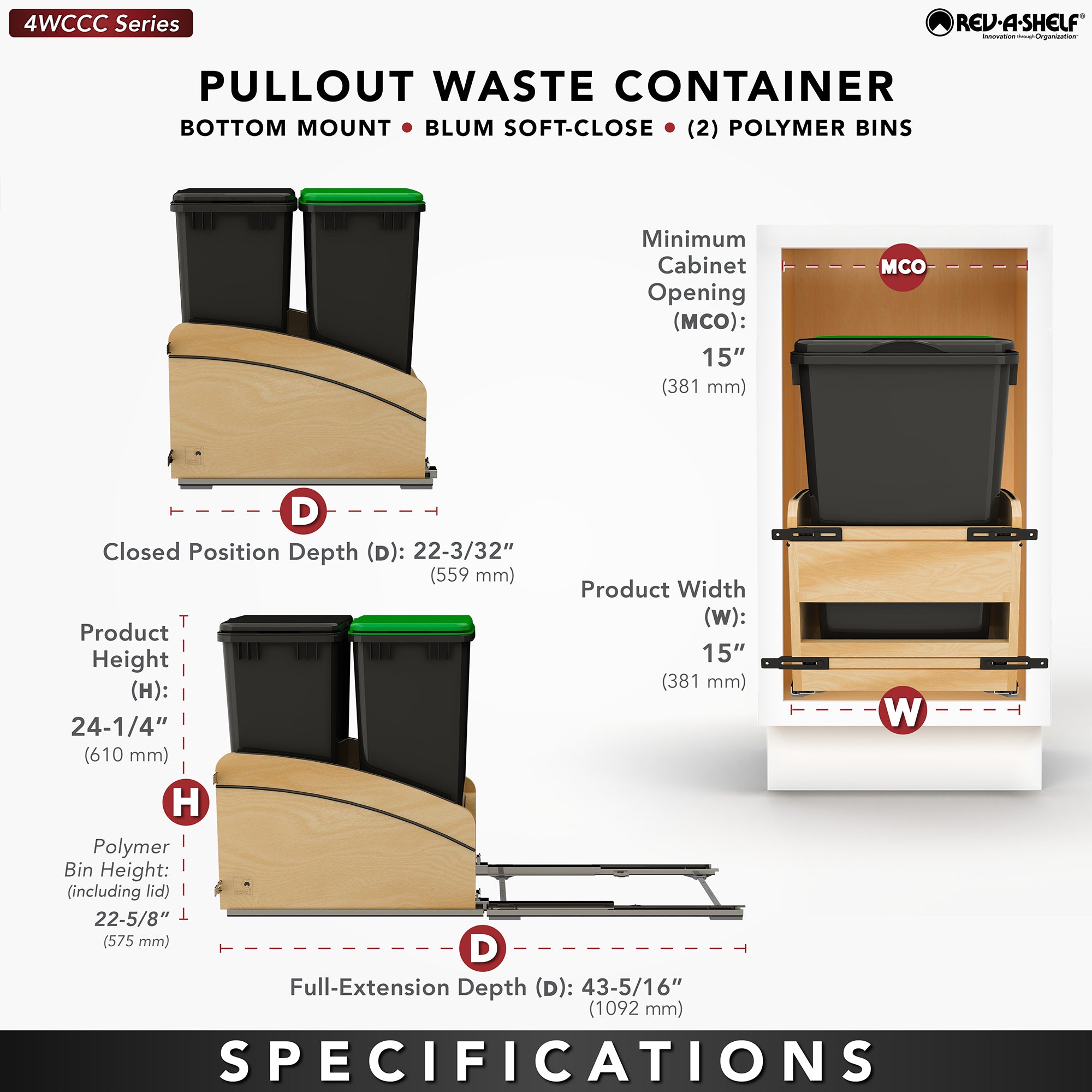Rev-A-Shelf Maple Double Pullout Waste Container, Soft-Close, 50 qt, Black