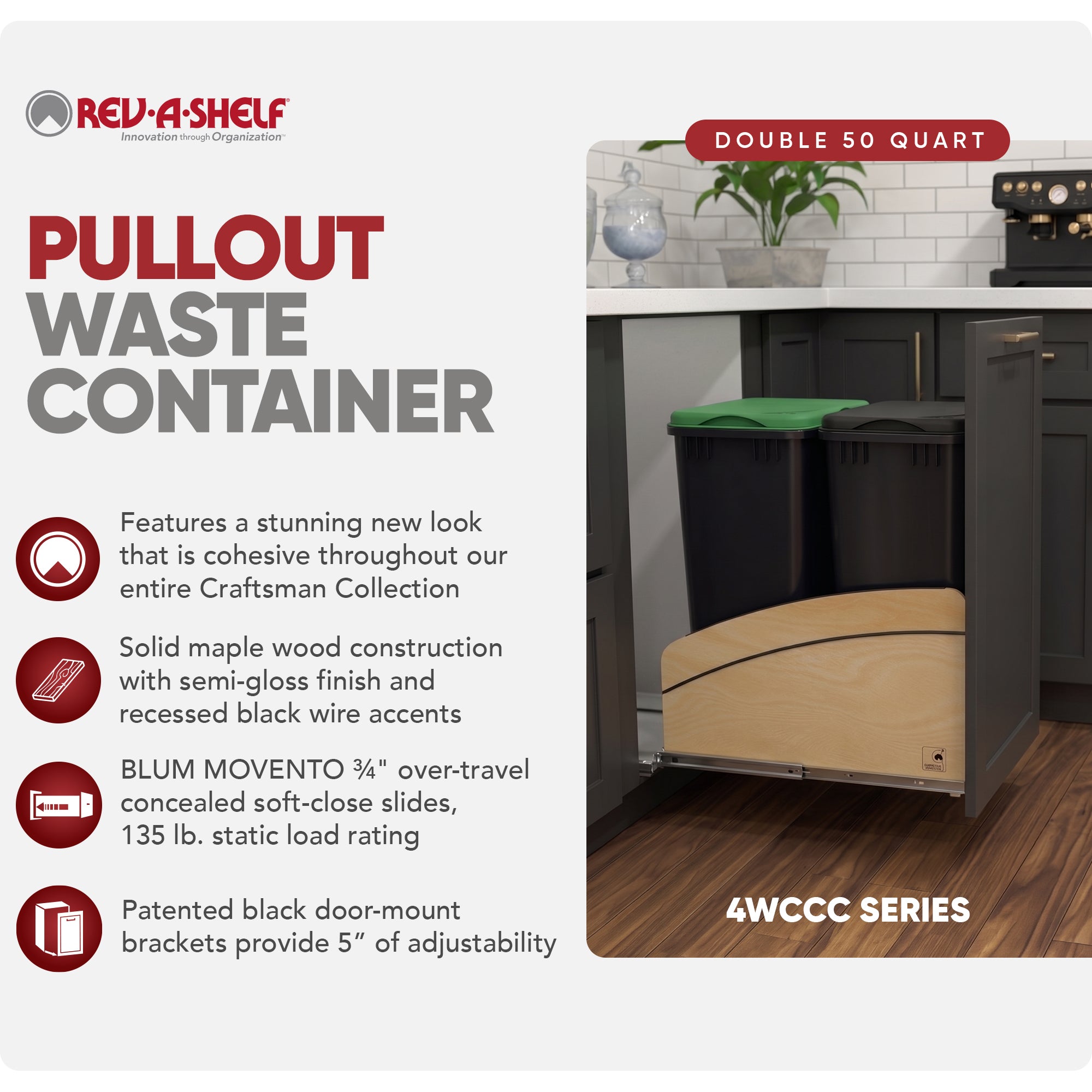 Rev-A-Shelf Maple Double Pullout Waste Container, Soft-Close, 50 qt, Black - VMInnovations