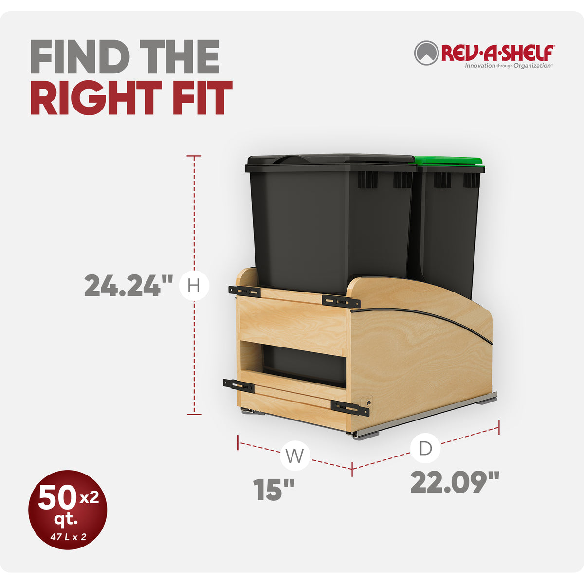 Rev-A-Shelf Maple Double Pullout Waste Container, Soft-Close, 50 qt, Black - VMInnovations