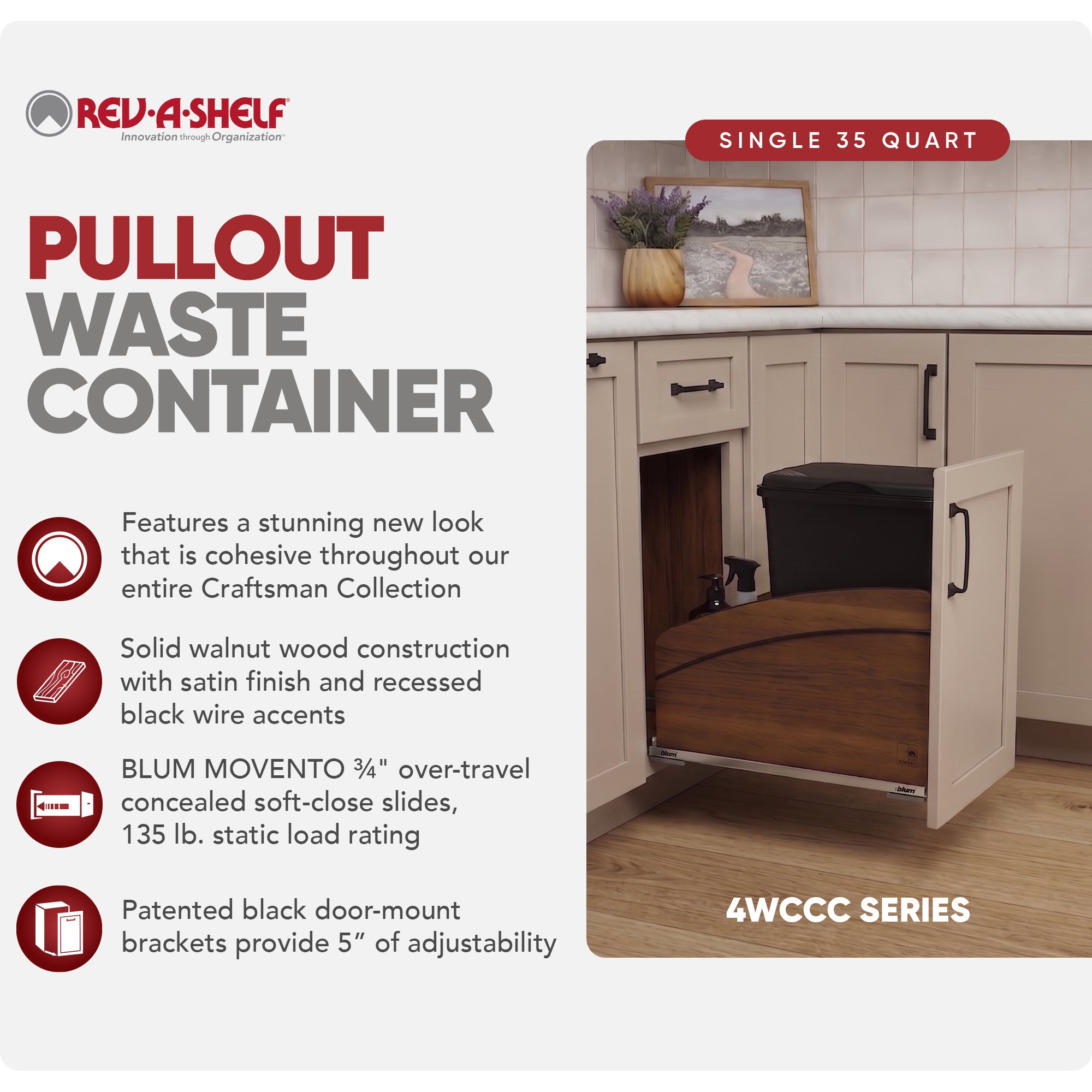 Rev-A-Shelf Walnut Wood Pullout Waste Container, Soft-Close, 35 qt, Black - VMInnovations