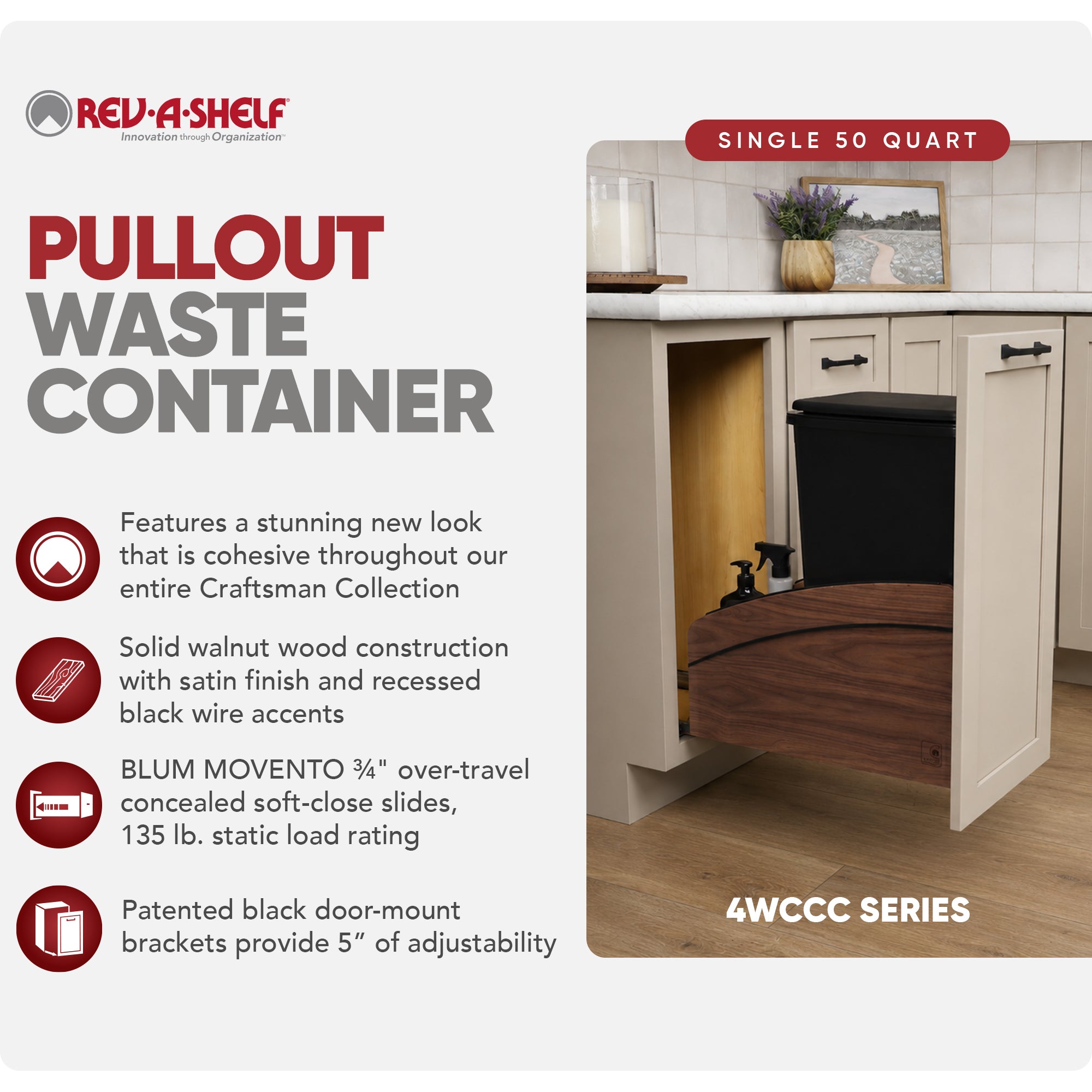 Rev-A-Shelf Walnut Wood Pullout Waste Container, Soft-Close, 50 qt, Black